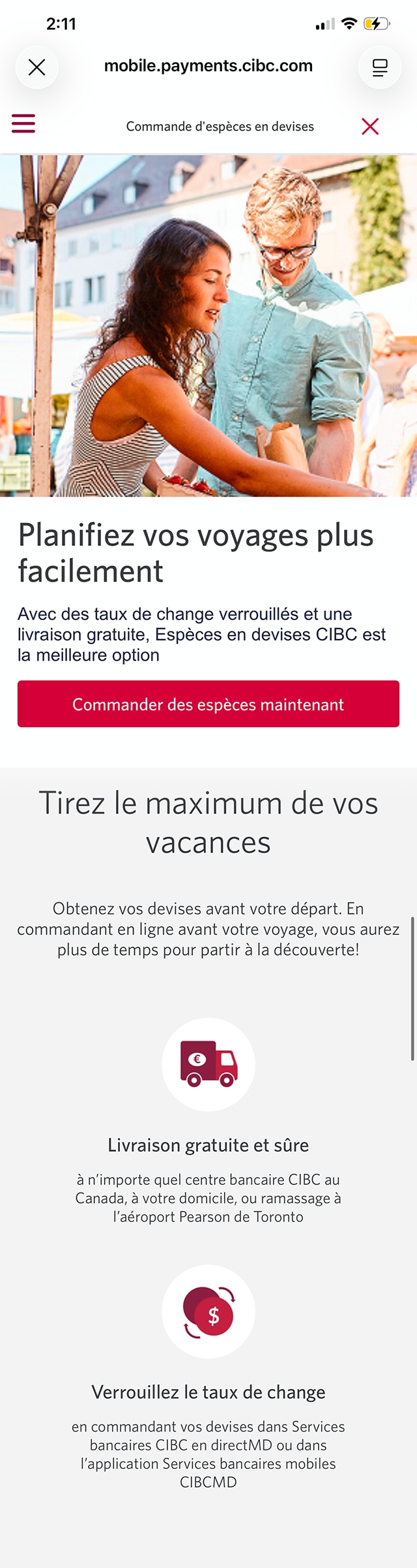 Écran 4 de la démonstration : Option « Commande d’espèces en devises » dans l’application Services bancaires mobiles CIBC. Une animation dynamique met en évidence le bouton Commander des devises.