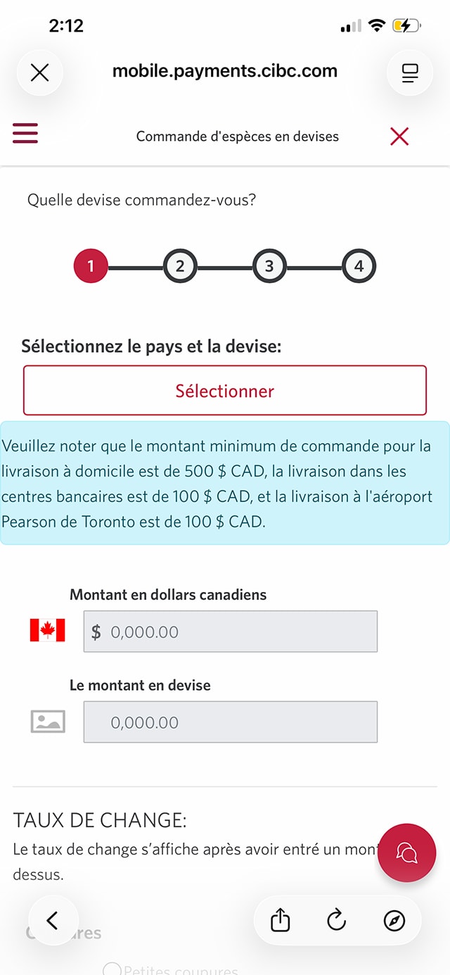 Écran 5 de la démonstration : Renseignements sur la commande d’espèces en devises dans l’application Services bancaires mobiles CIBC. Une animation dynamique met en évidence le bouton de sélection du pays ou de la devise.