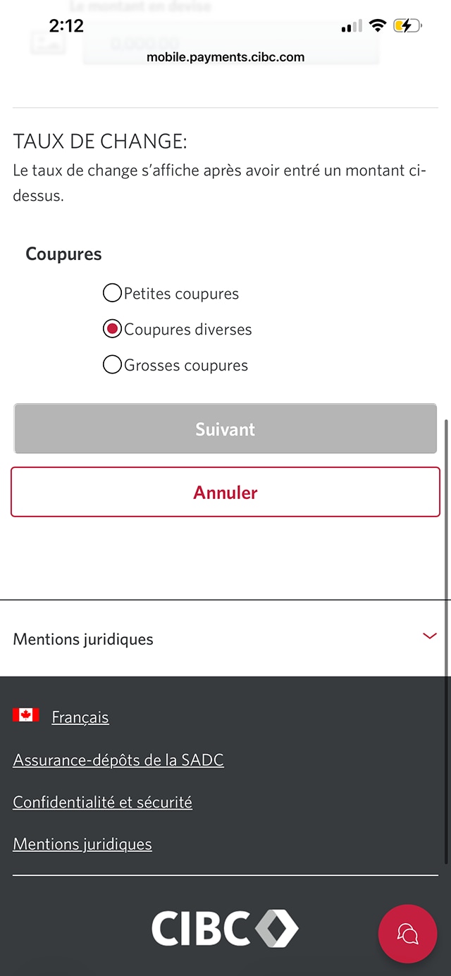 Écran 6 de la démonstration : Renseignements sur la commande d’espèces en devises dans l’application Services bancaires mobiles CIBC. Une animation dynamique met en évidence le bouton Suivant.