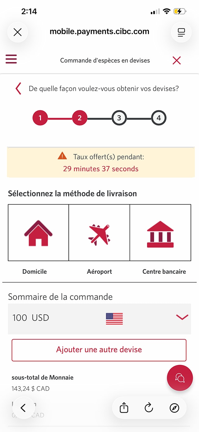 Écran 7 de la démonstration : Options de livraison pour la commande d’espèces en devises dans l’application Services bancaires mobiles CIBC. Une animation dynamique met en évidence « Centre bancaire » pour sélectionner une méthode de livraison ou de retrait.