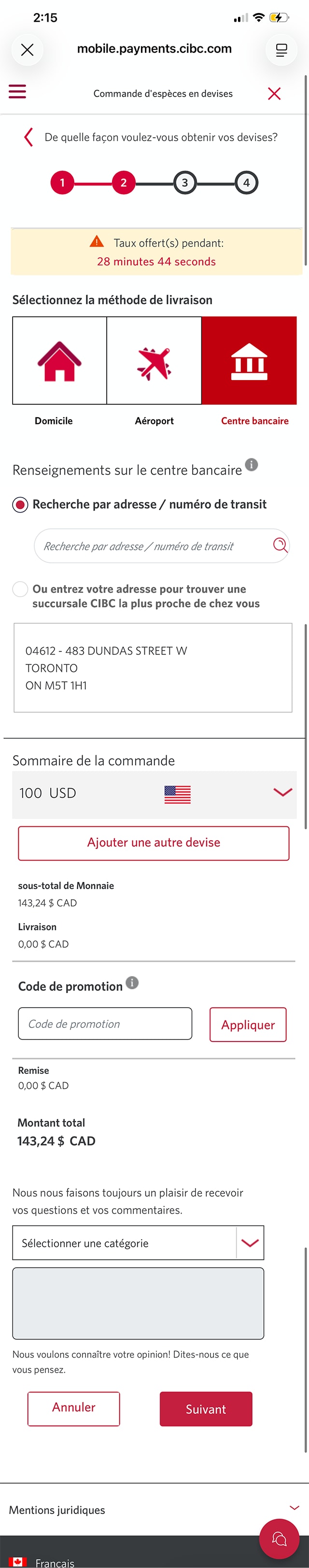 Écran 9 de la démonstration : Options de livraison pour la commande d’espèces en devises dans l’application Services bancaires mobiles CIBC. Une animation dynamique met en évidence le bouton Suivant.