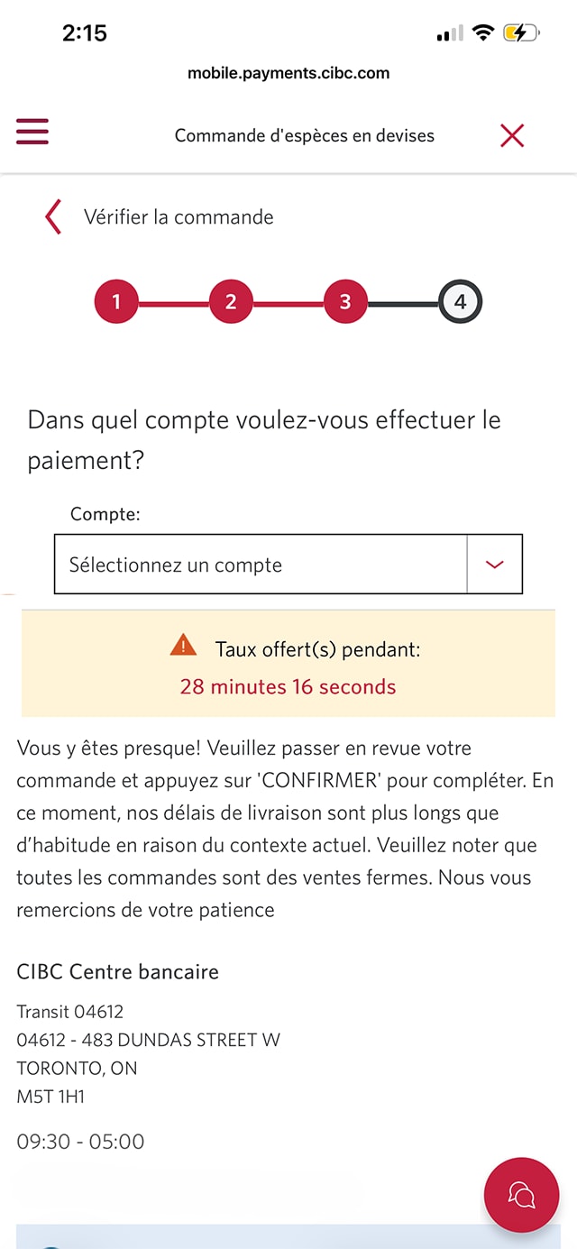 Écran 10 de la démonstration : Commande d’espèces en devises dans l’application Services bancaires mobiles CIBC. Une animation dynamique met en évidence le menu déroulant Sélectionner un compte.