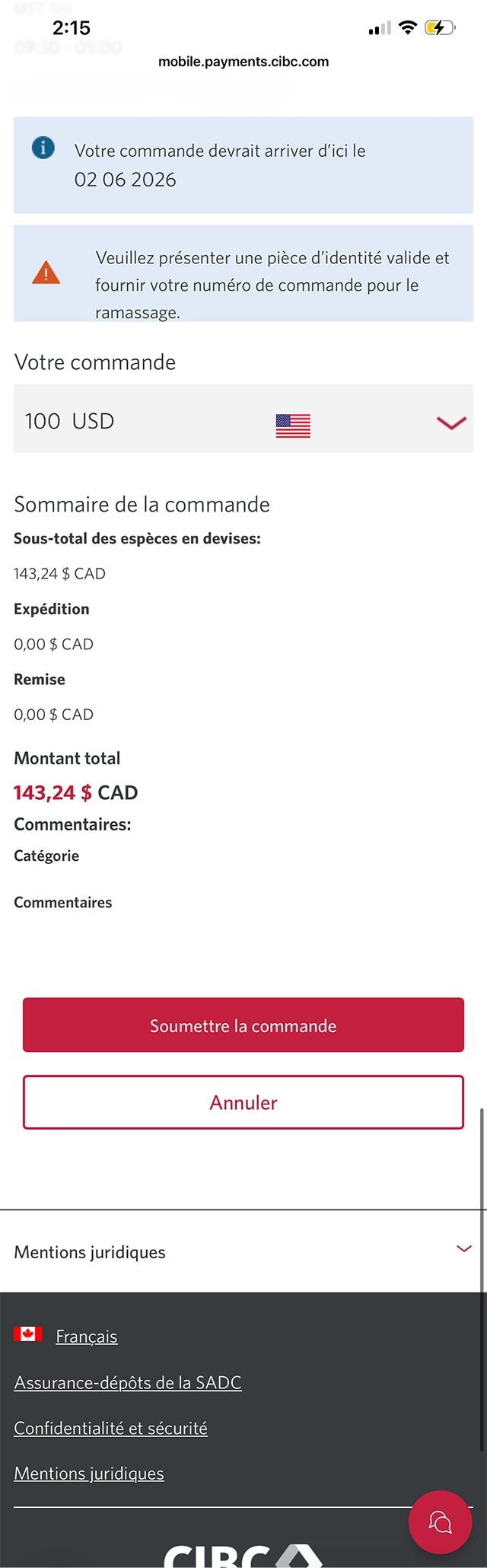 Écran 11 de la démonstration : Page de confirmation de la commande d’espèces en devises dans l’application Services bancaires mobiles CIBC. Une animation dynamique met en évidence le bouton Soumettre la commande.