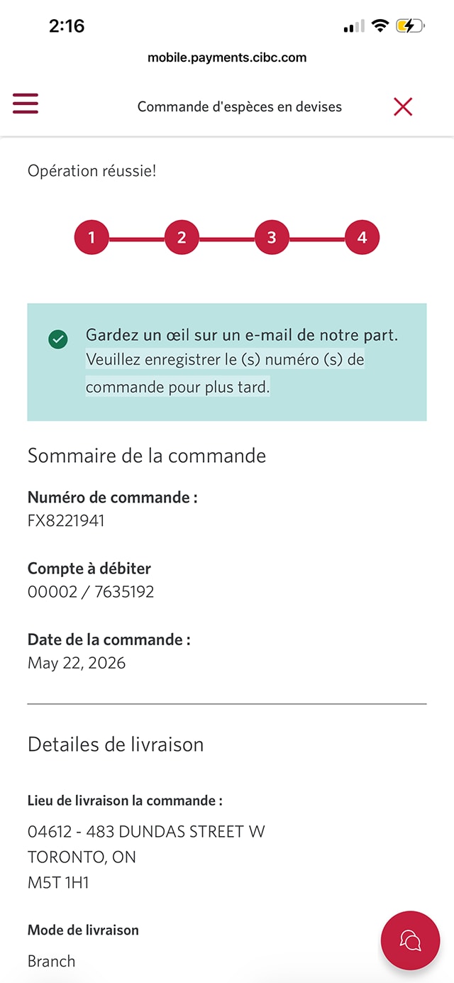Écran 12 de la démonstration : Page de confirmation de la commande d’espèces en devises dans l’application Services bancaires mobiles CIBC. Aucune animation dynamique.