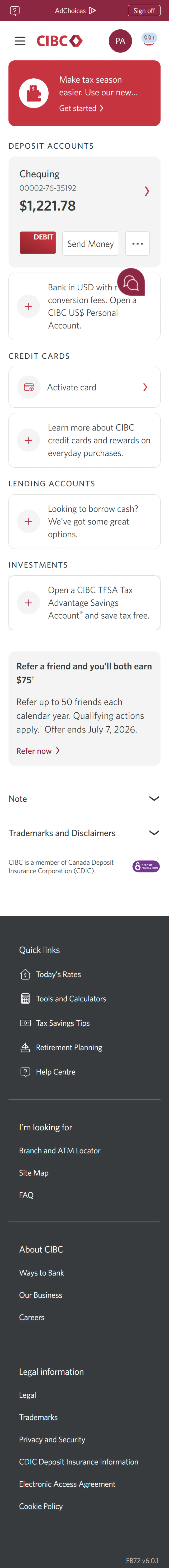 Demo screen 2: CIBC Online Banking homepage. A pulsing animation highlights the "More options" menu.