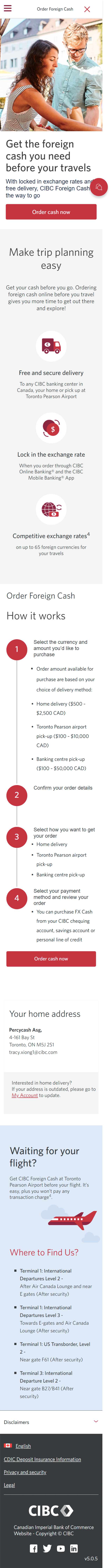 Demo screen 4: CIBC Foreign exchange centre homepage. A pulsing animation highlights the "Order cash now" button.