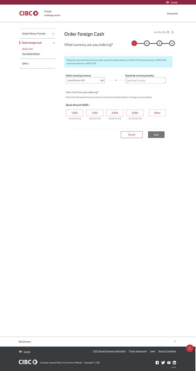 Demo screen 6: CIBC Foreign exchange centre order page. A pulsing animation highlights the "Other" button.