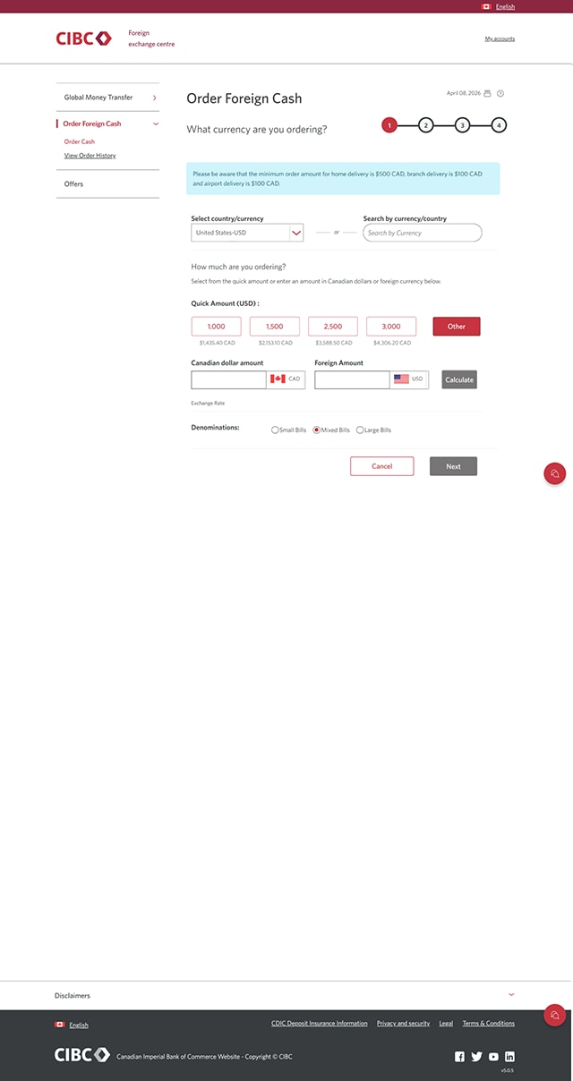 Demo screen 7: CIBC Foreign exchange centre order page. A pulsing animation highlights the "Mixed bills" radio button.