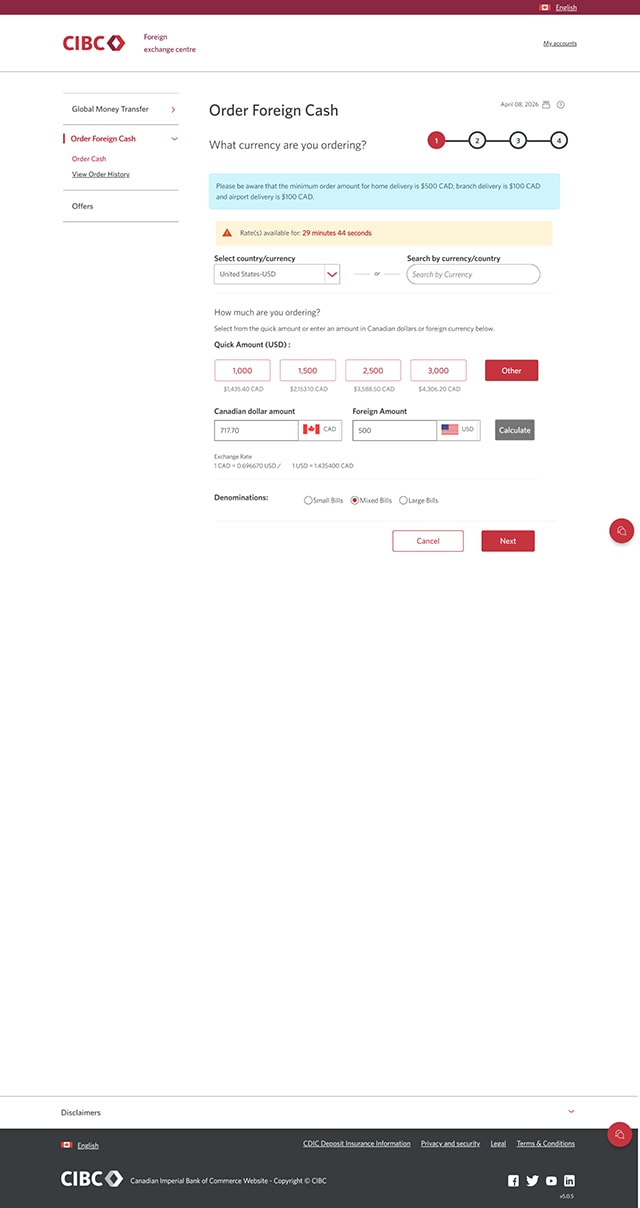 Demo screen 8: CIBC Foreign exchange centre order page. A pulsing animation highlights the "Next" button.