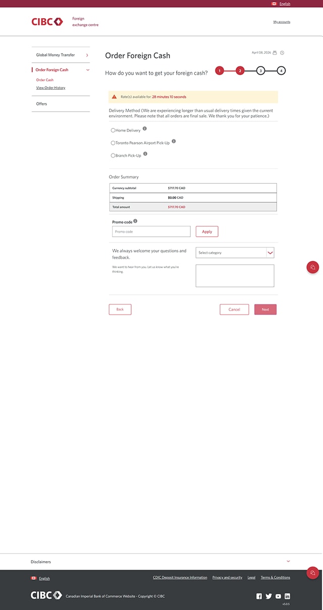 Demo screen 9: CIBC foreign exchange centre order page. A pulsing animation highlights the "Branch Pick-Up" radio button.