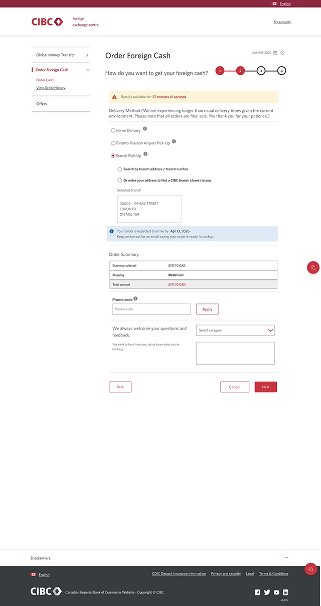 Demo screen 10: CIBC Foreign exchange centre order page. A pulsing animation highlights "Or enter your address to find a CIBC branch closest to you" radio button.