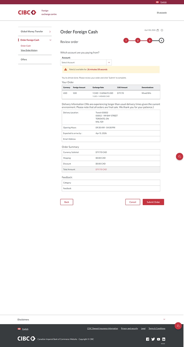 Demo screen 12: CIBC Foreign exchange centre order page. A pulsing animation highlights the "Select Account" dropdown menu.