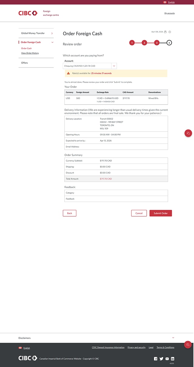 Demo screen 13: CIBC foreign exchange centre order review page. A pulsing animation highlights the "Submit Order" button.