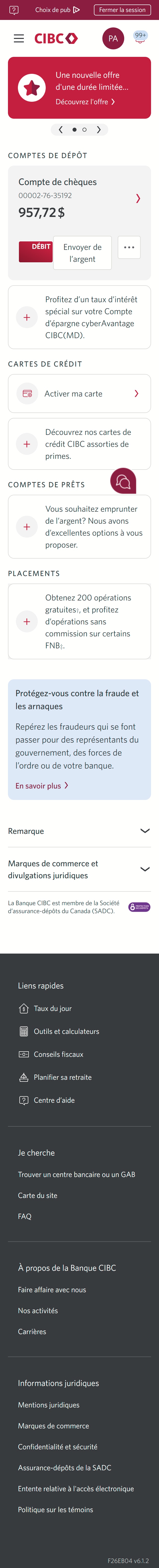 Écran 2 de la démonstration : Page d’accueil de Services bancaires CIBC en direct. Une animation dynamique met en évidence le menu Plus d’options.
