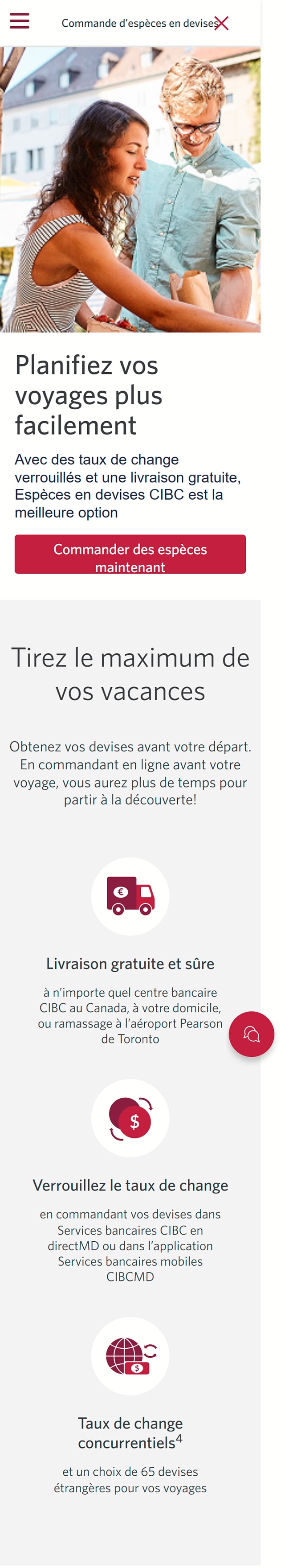 Écran 4 de la démonstration : Page d’accueil du Centre d’opérations de change CIBC. Une animation dynamique met en évidence le bouton Commander des devises.