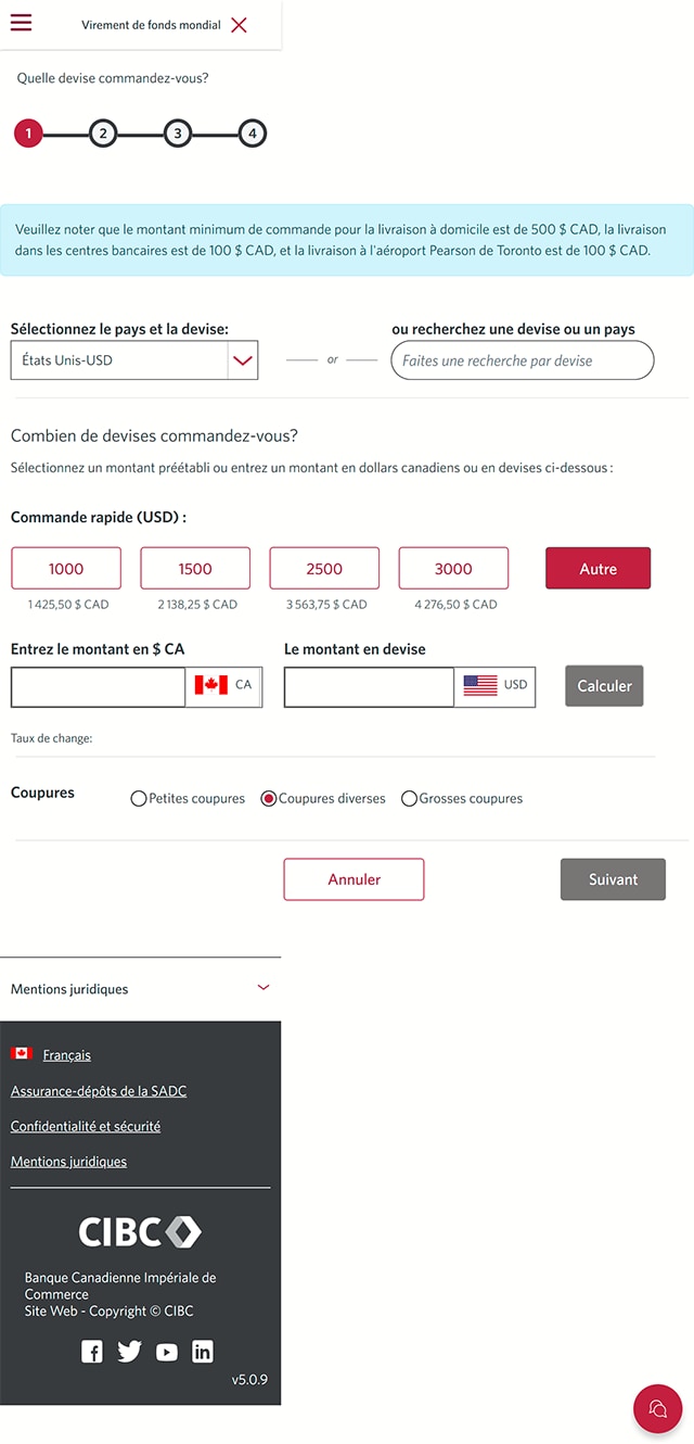 Écran 6 de la démonstration : Page de commande du Centre d’opérations de change CIBC. Une animation dynamique met en évidence le bouton Autre.