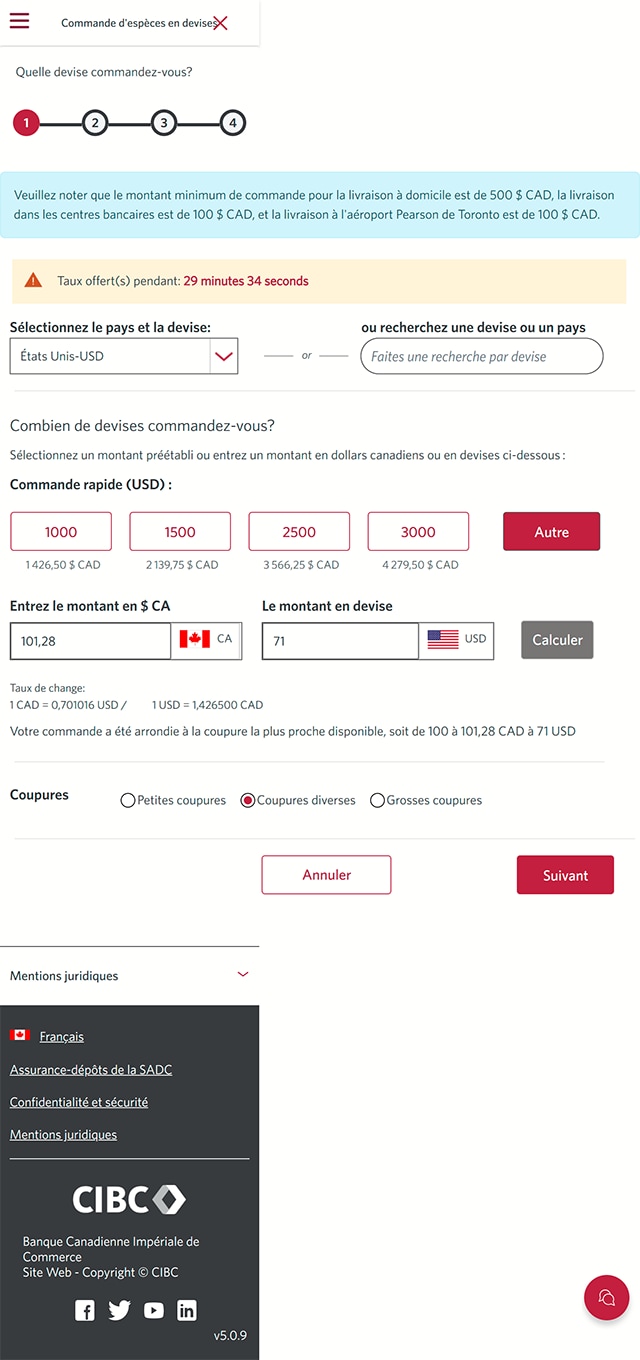 Écran 8 de la démonstration : Page de commande du Centre d’opérations de change CIBC. Une animation dynamique met en évidence le bouton Suivant.