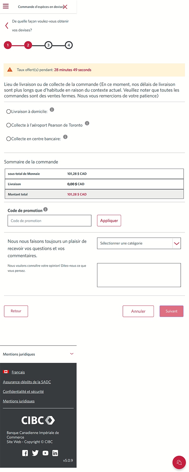 Écran 9 de la démonstration : Page de commande du Centre d’opérations de change CIBC. Une animation dynamique met en évidence le bouton d’option Retrait en succursale.