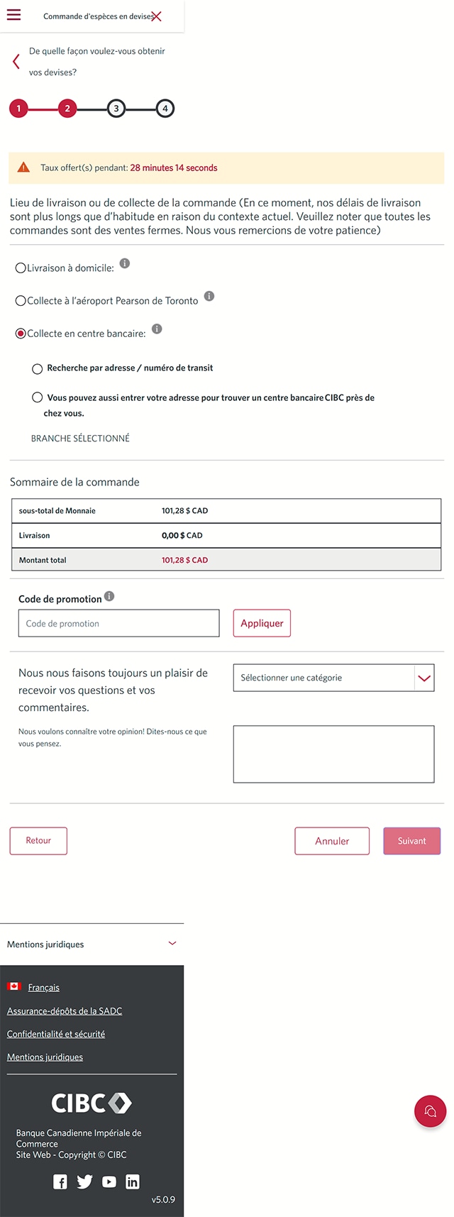 Écran 10 de la démonstration : Page de commande du Centre d’opérations de change CIBC. Une animation dynamique met en évidence le bouton d’option « Ou entrez votre adresse pour trouver le centre bancaire CIBC le plus près de chez vous ».