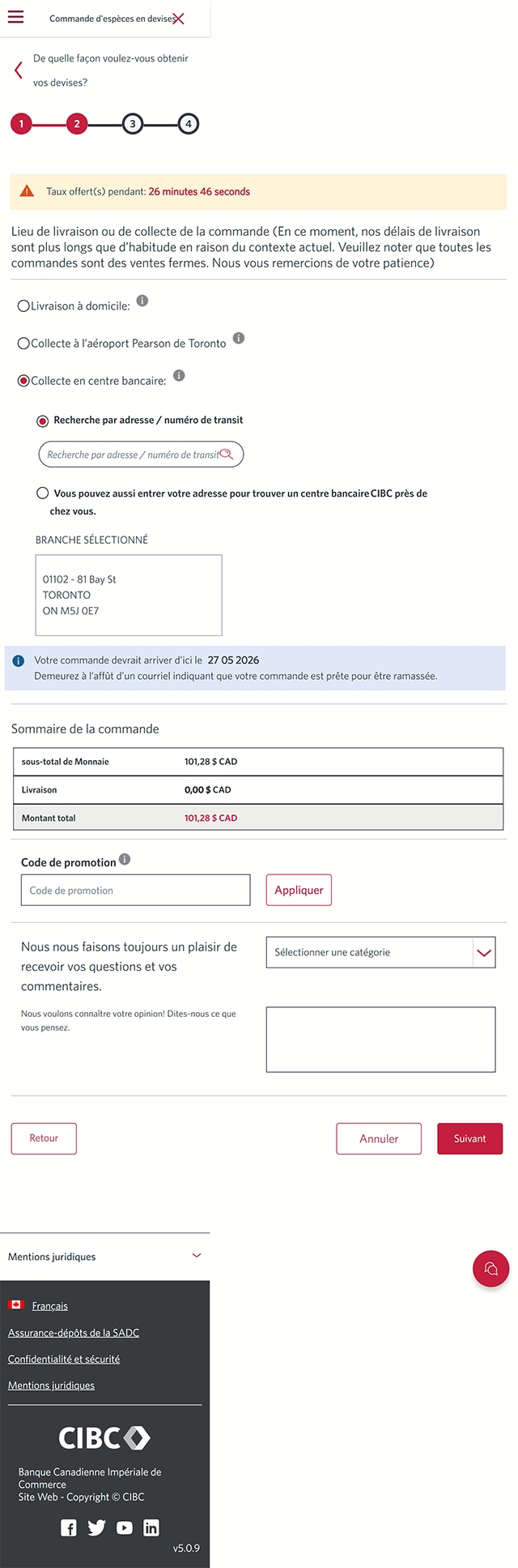 Écran 11 de la démonstration : Page de commande du Centre d’opérations de change CIBC. Une animation dynamique met en évidence le bouton Suivant.