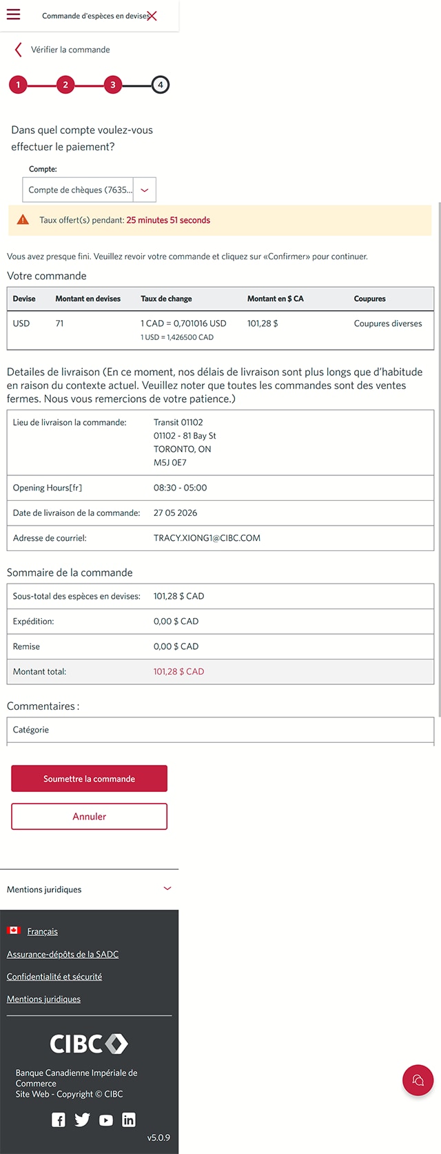 Écran 13 de la démonstration : Page d’examen de la commande du Centre d’opérations de change CIBC. Une animation dynamique met en évidence le bouton Soumettre la commande.