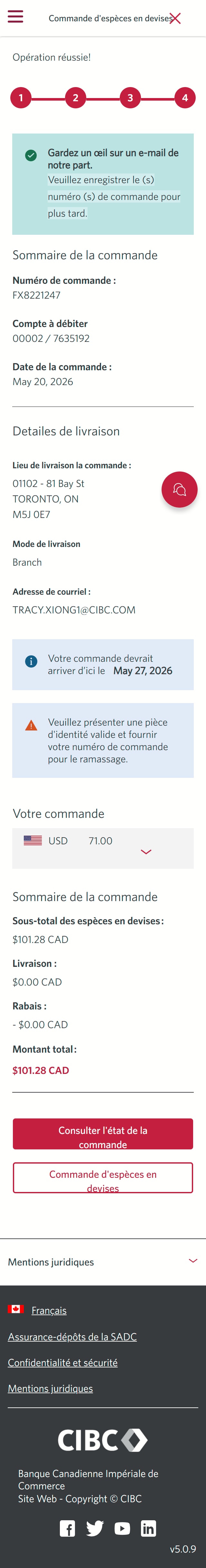 Écran 14 de la démonstration : Page de commande soumise du Centre d’opérations de change CIBC. Aucune animation dynamique.