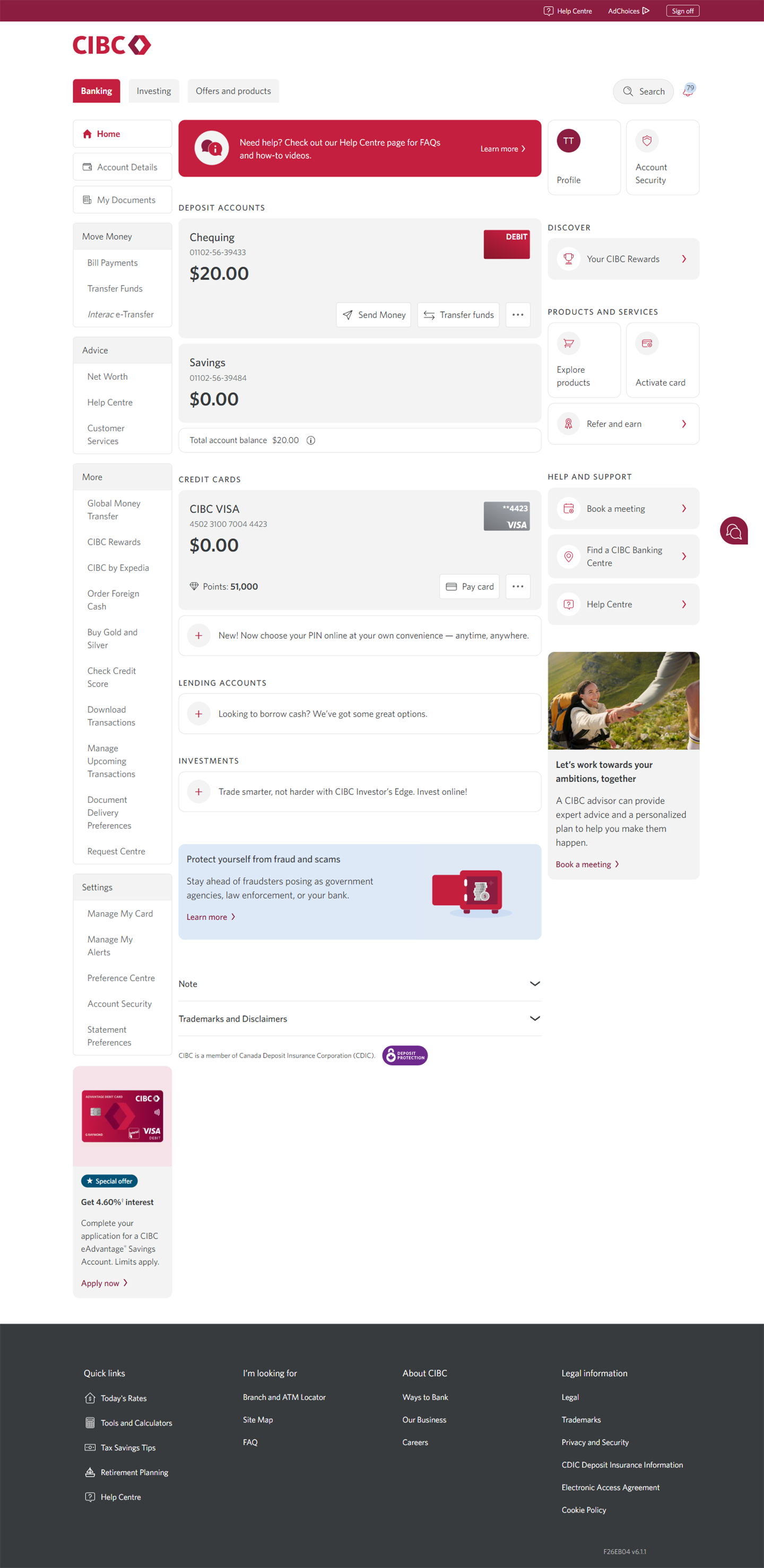 Demo screen 2: CIBC Online Banking homepage. A pulsing animation highlights the "Bill Payments" link.
