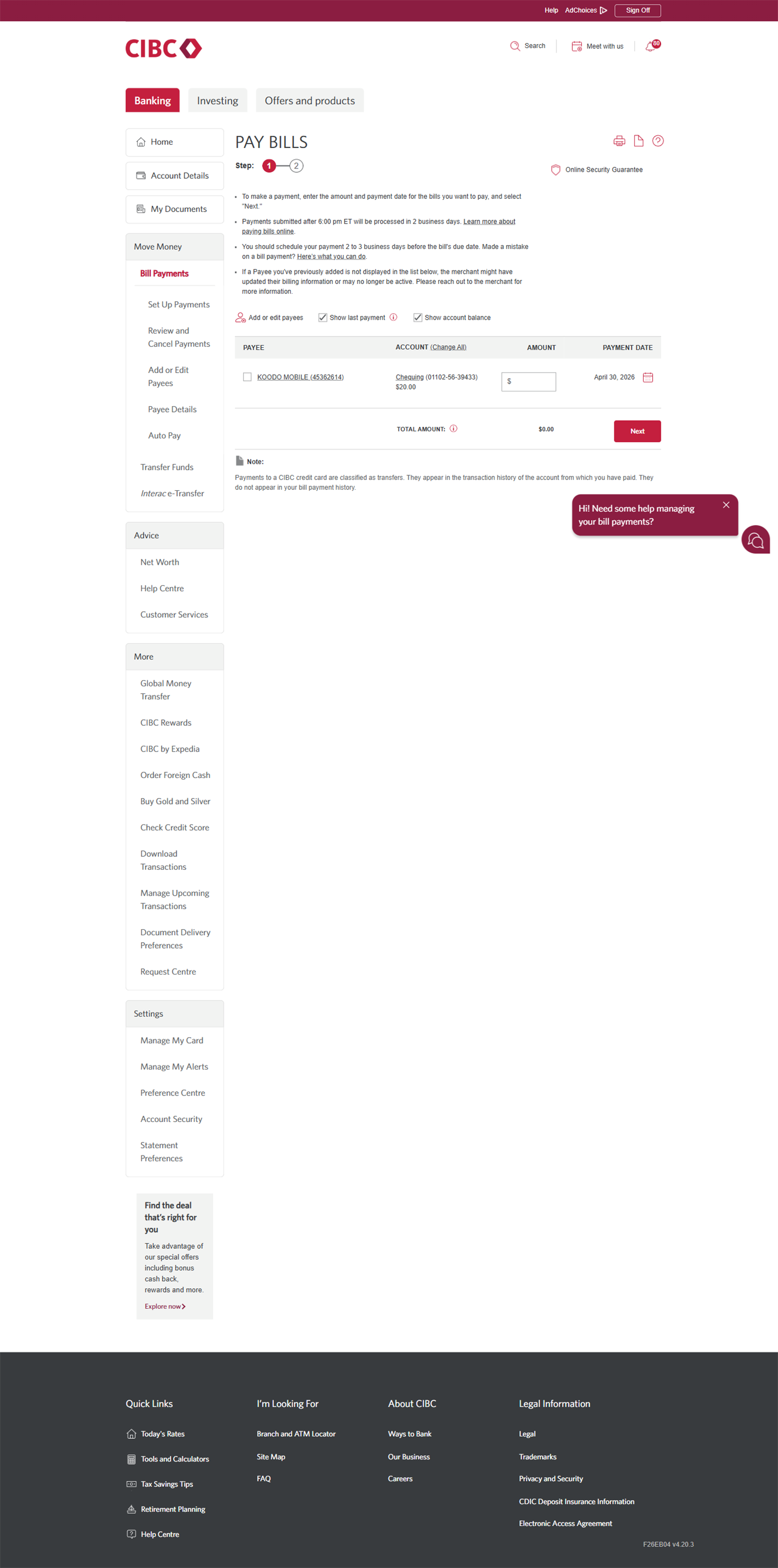 Demo screen 3: CIBC Online Banking pay bills page. A pulsing animation highlights the "Add or Edit Payees" link.