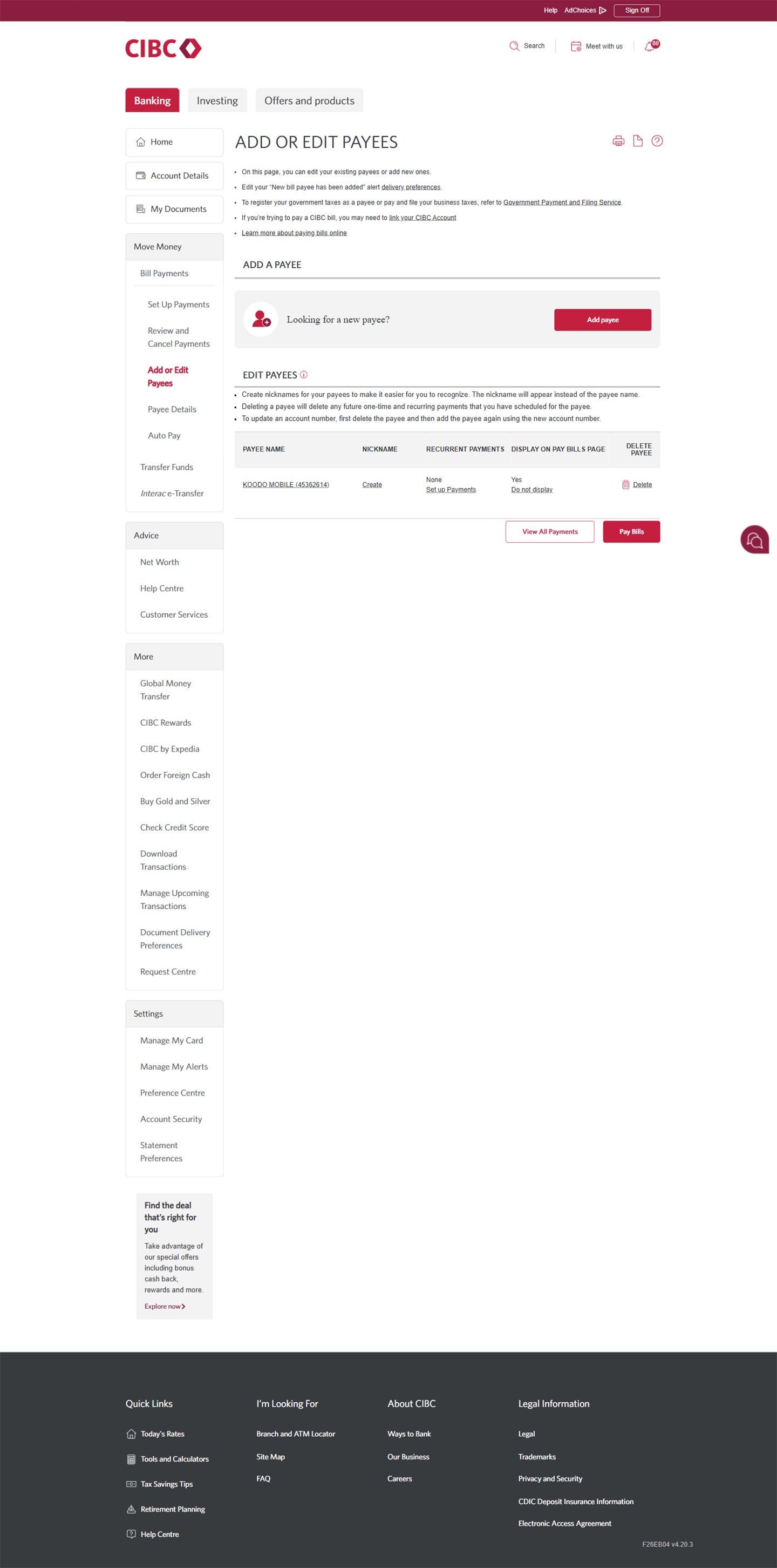 Demo screen 4: CIBC Online Banking add or edit payees. A pulsing animation highlights the "Add payee" button.