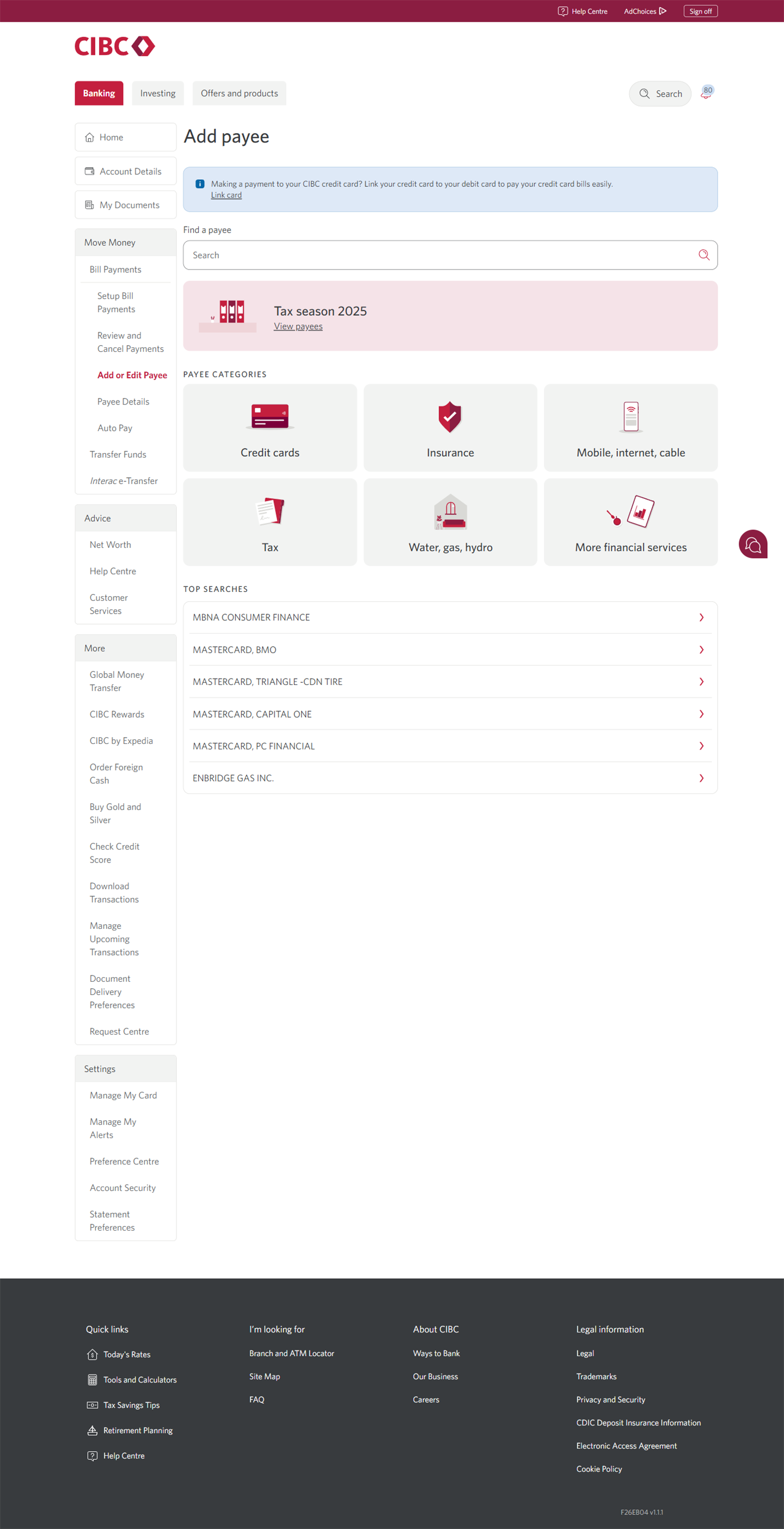 Demo screen 5: CIBC Online Banking add or edit payees. A pulsing animation highlights the search field.