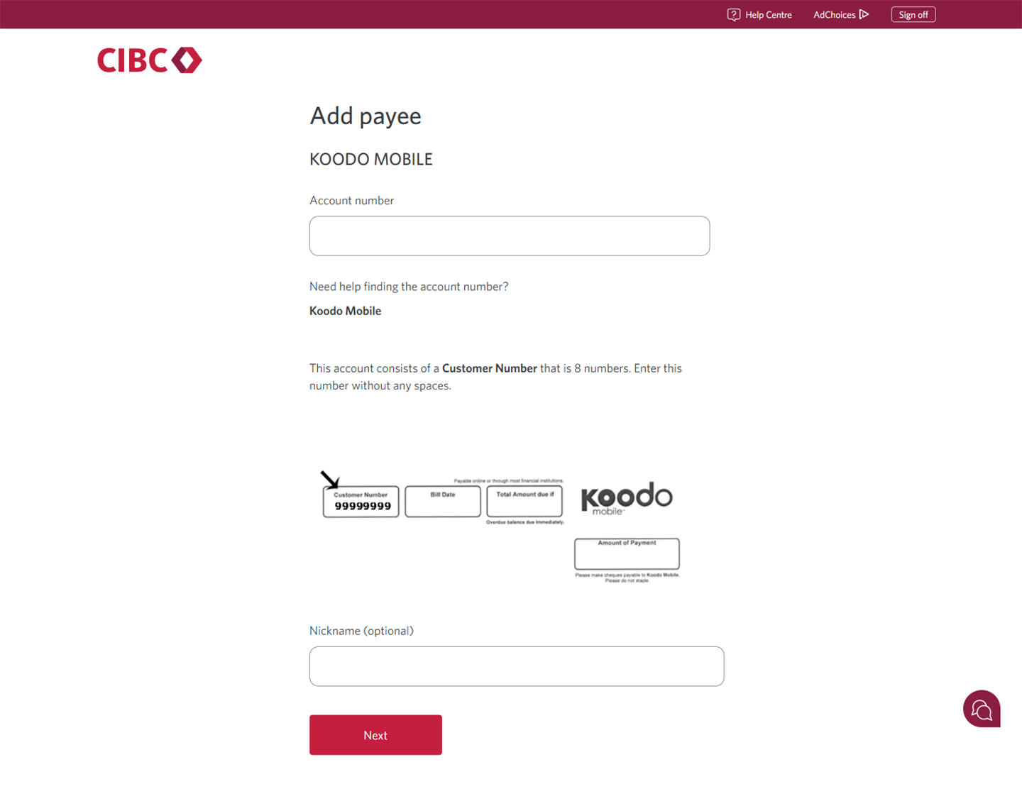 Demo screen 7: CIBC Online Banking add or edit payees. A pulsing animation highlights the next button.