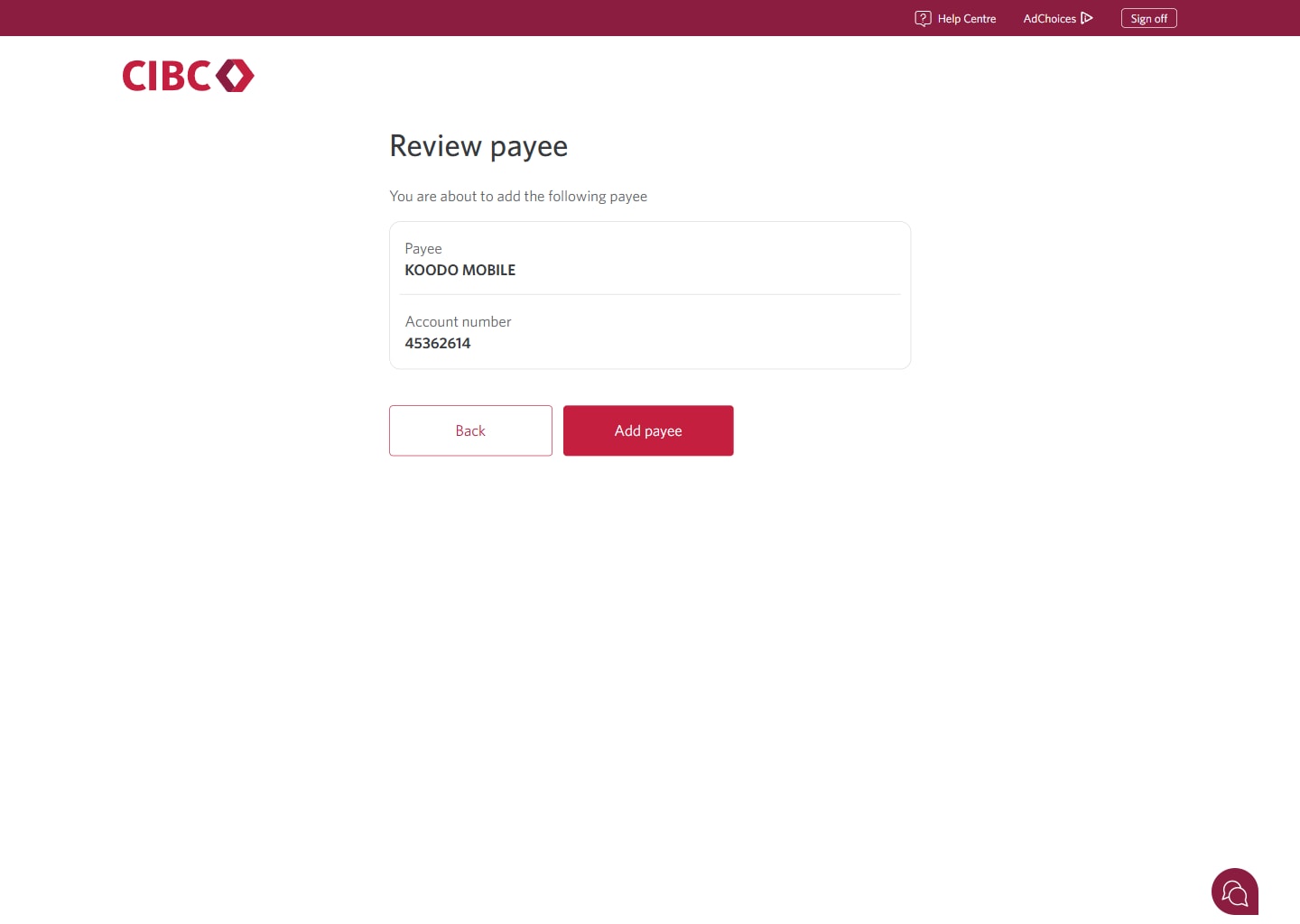 Demo screen 8: CIBC Online Banking review payee. A pulsing animation highlights the "Add payee" button.