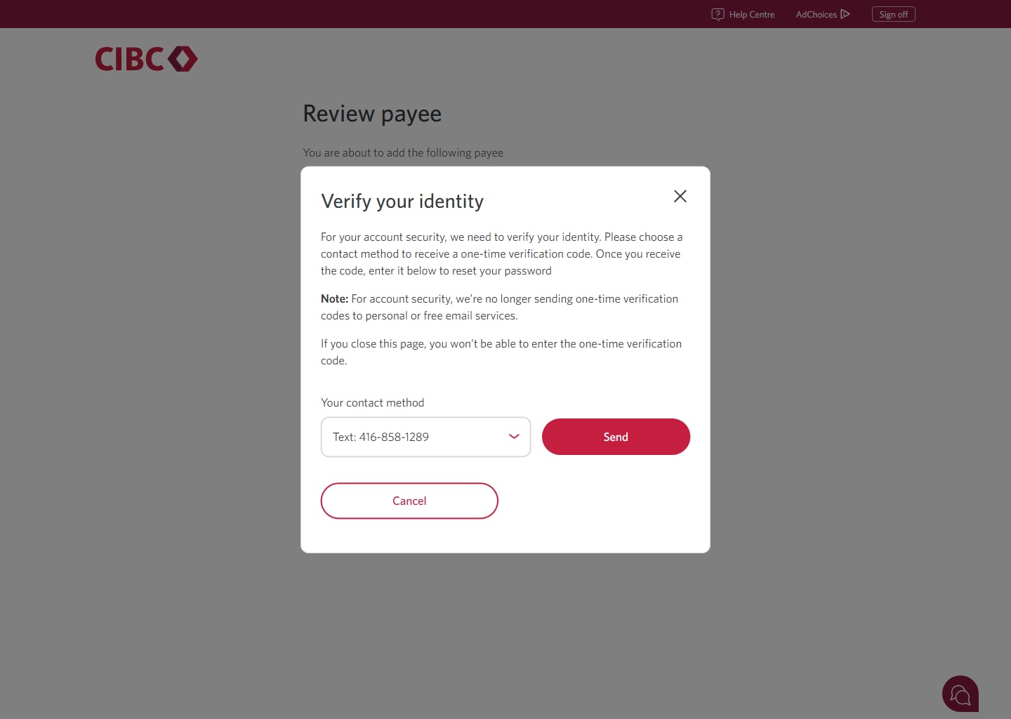 Demo screen 9: CIBC Online Banking verify your identity. A pulsing animation highlights the "Send" button.