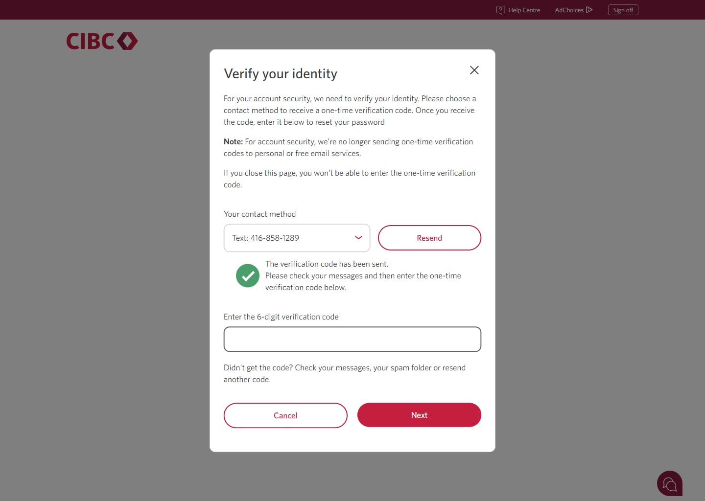 Demo screen 10: CIBC Online Banking verify your identity. A pulsing animation highlights the "Next" button.