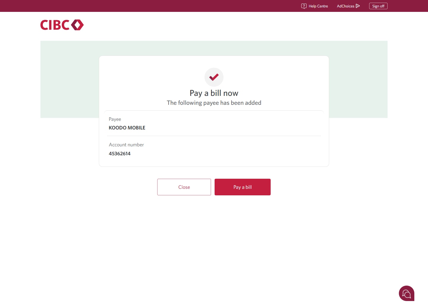 Demo screen 11: CIBC Online Banking Pay a bill now. A pulsing animation highlights the "Pay a bill" button.