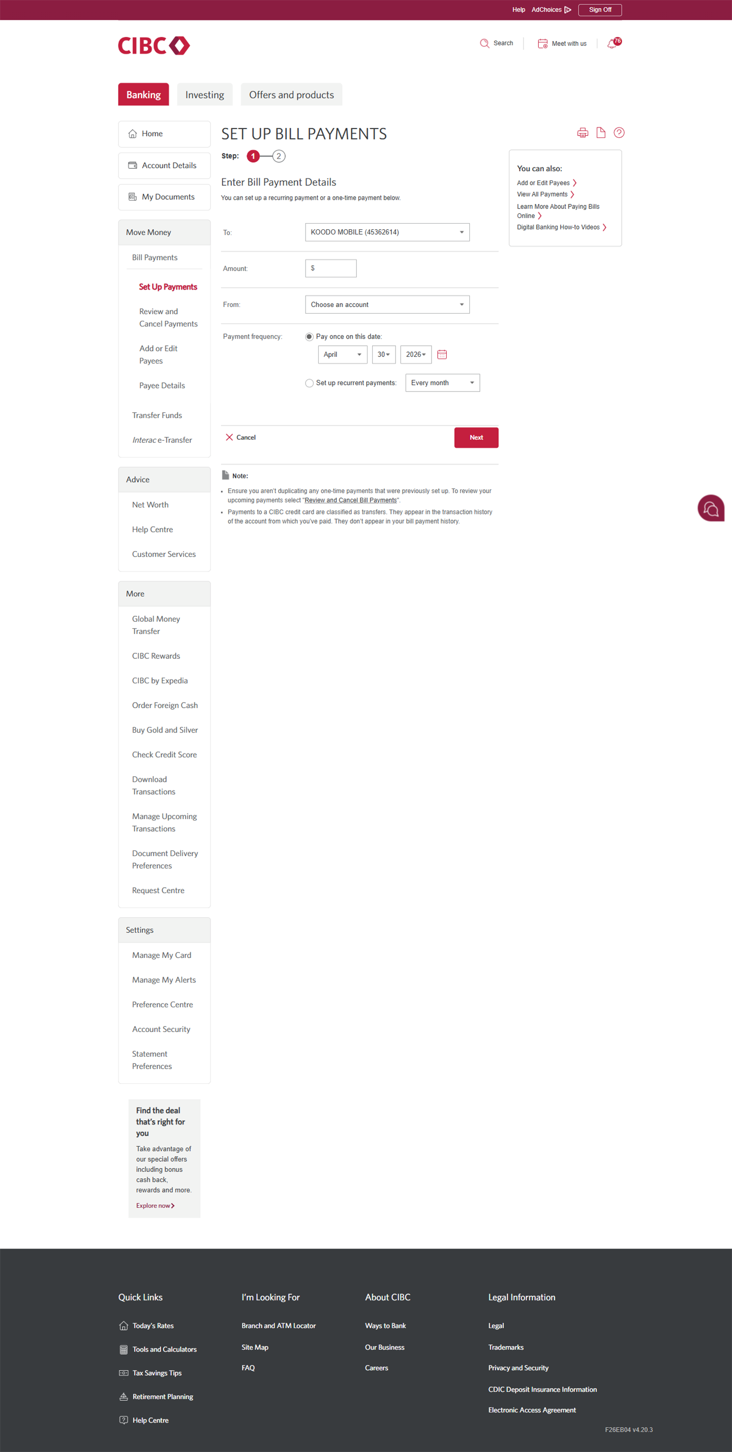 Demo screen 12: CIBC Online Banking set up bill payments page. A pulsing animation highlights the amount field.