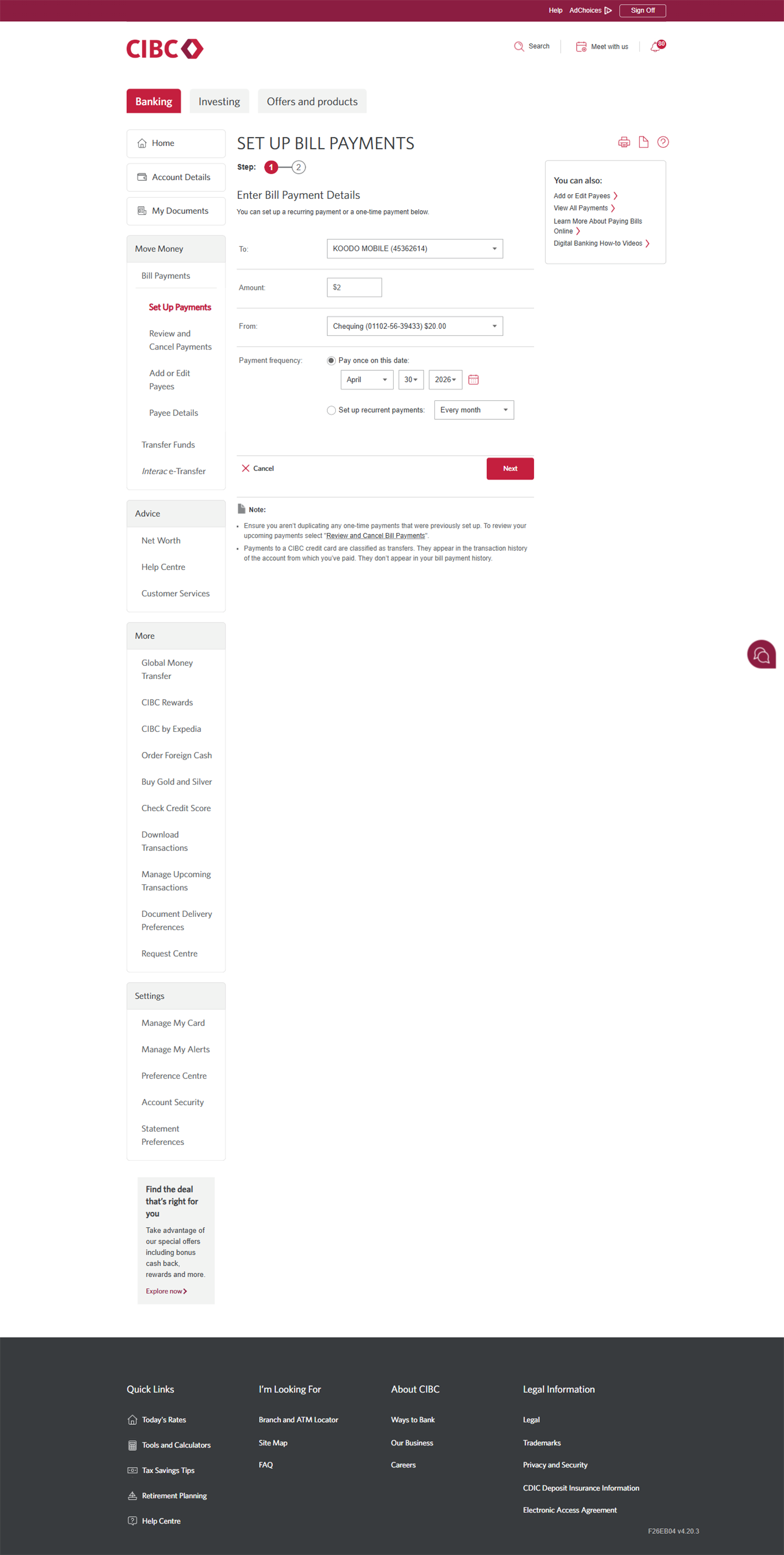 Demo screen 13: CIBC Online Banking pay bills page. A pulsing animation highlights the calendar button.