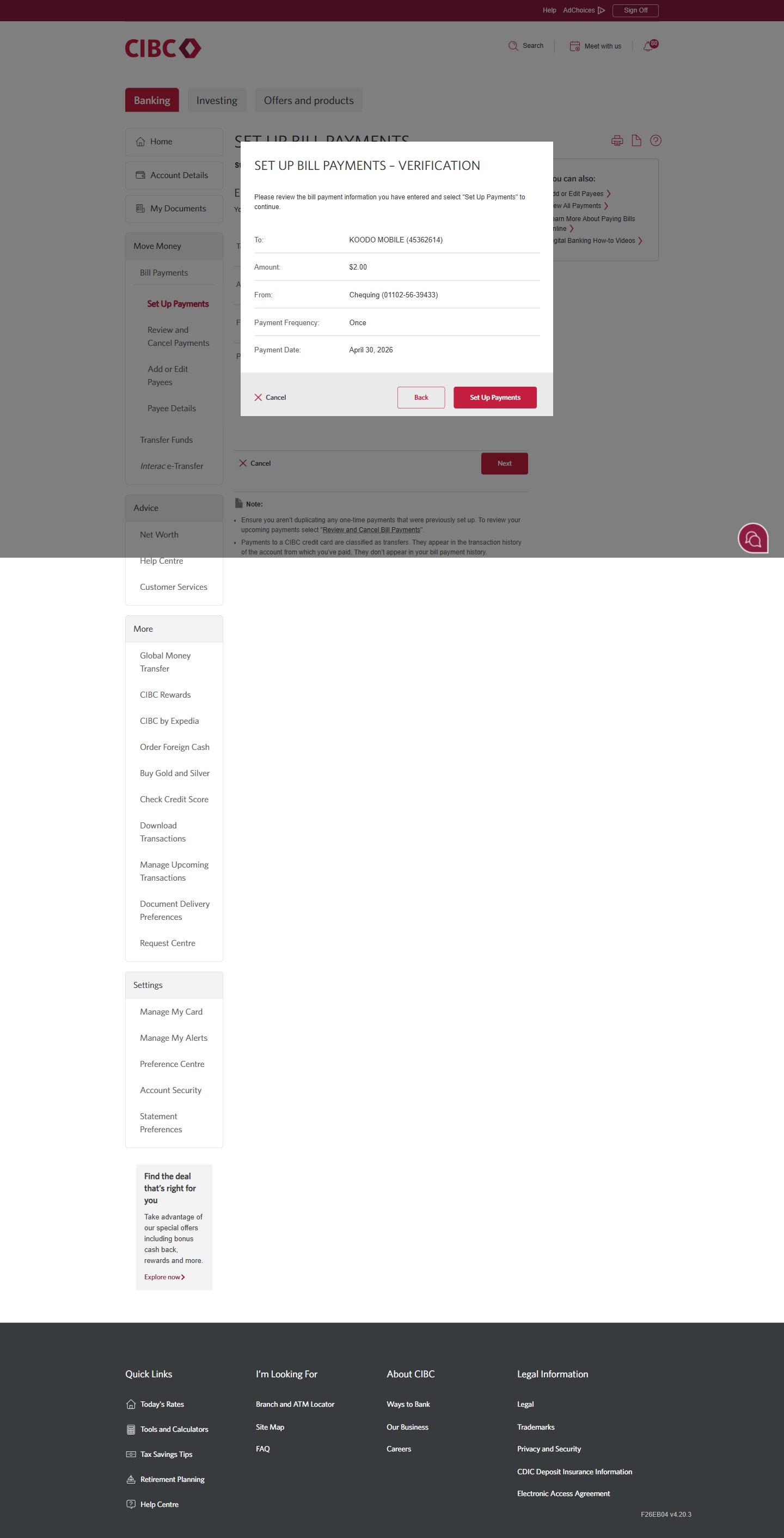 Demo screen 15: CIBC Online Banking pay bills page. A pulsing animation highlights the "Set Up Payments" button.