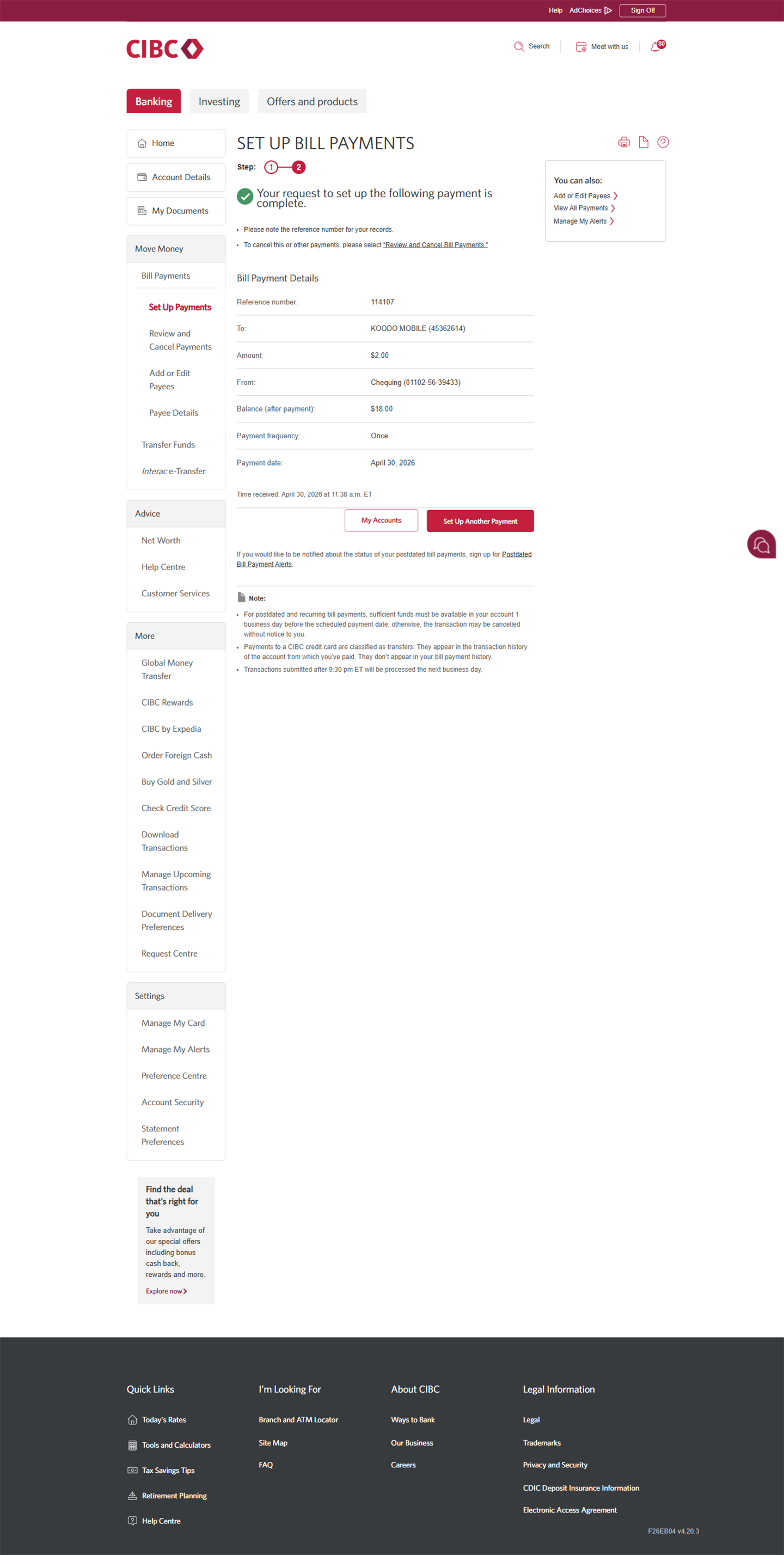Demo screen 16: CIBC Online Banking pay bills confirmation page. No pulsing animation.