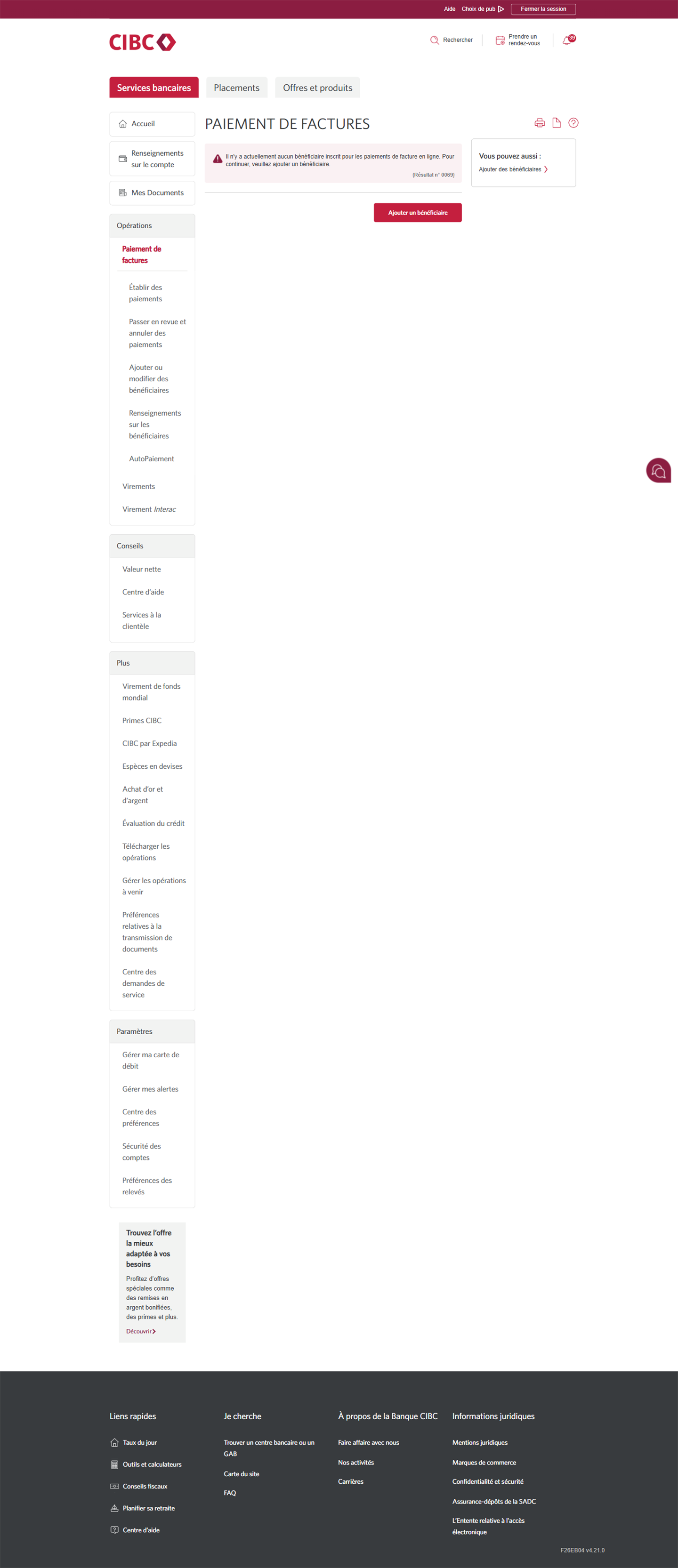 Écran 3 de la démonstration : Page Paiements de factures de Services bancaires CIBC en direct. Une animation en pulsation met en évidence le lien Ajouter ou modifier des bénéficiaires.