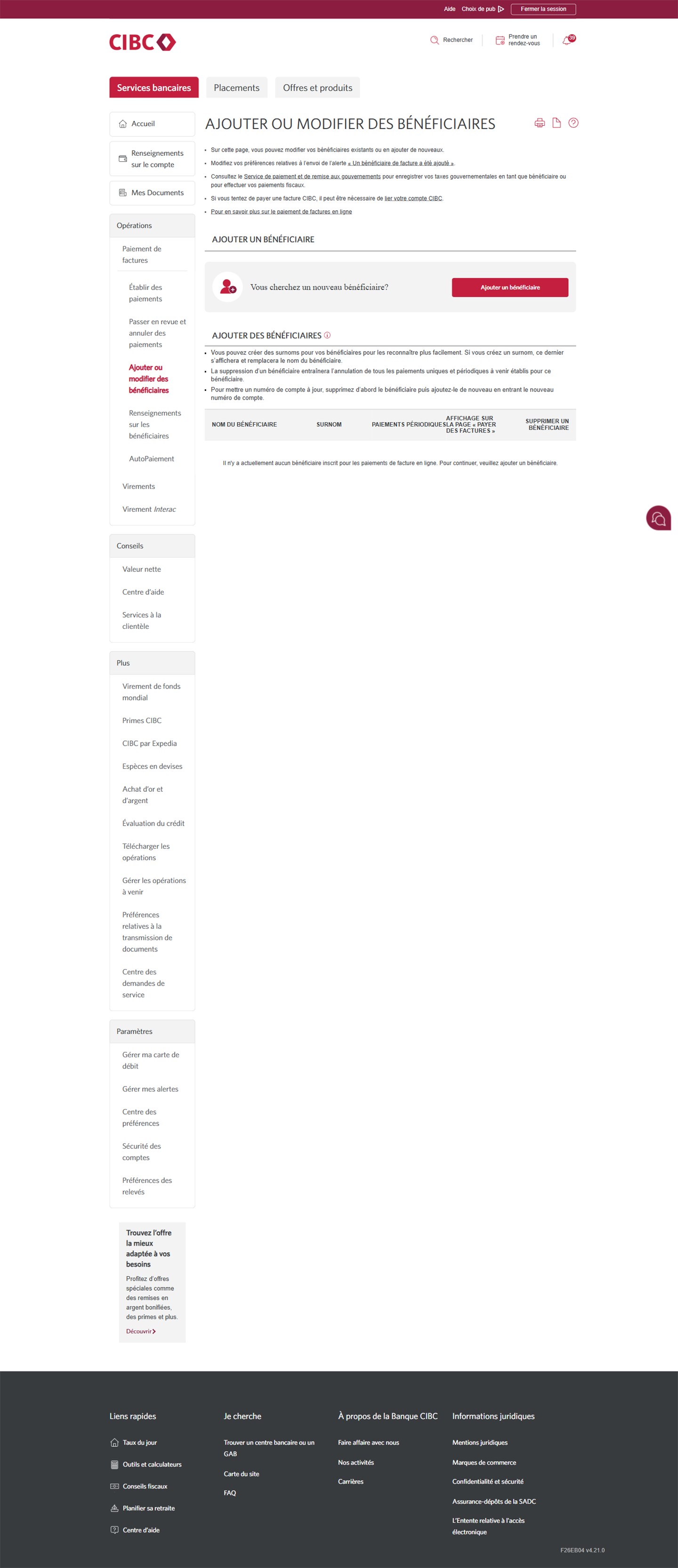 Écran 4 de la démonstration : Ajout ou modification de bénéficiaires dans Services bancaires CIBC en direct. Une animation en pulsation met en évidence le bouton Ajouter un bénéficiaire.