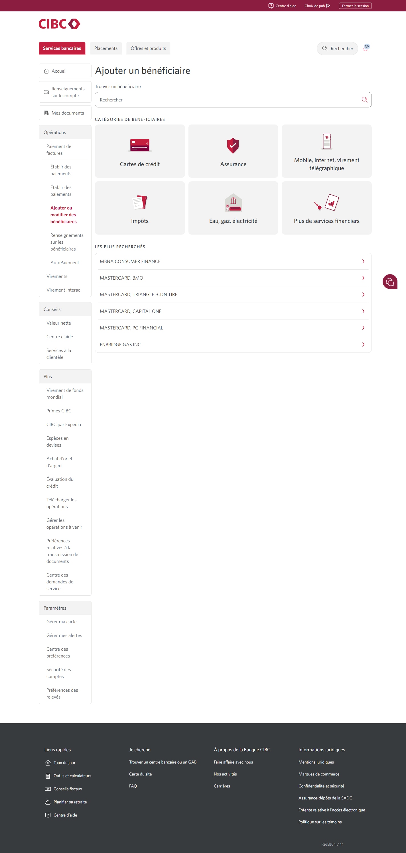 Écran 5 de la démonstration : Ajout ou modification de bénéficiaires dans Services bancaires CIBC en direct. Une animation en pulsation met en évidence le champ de recherche.