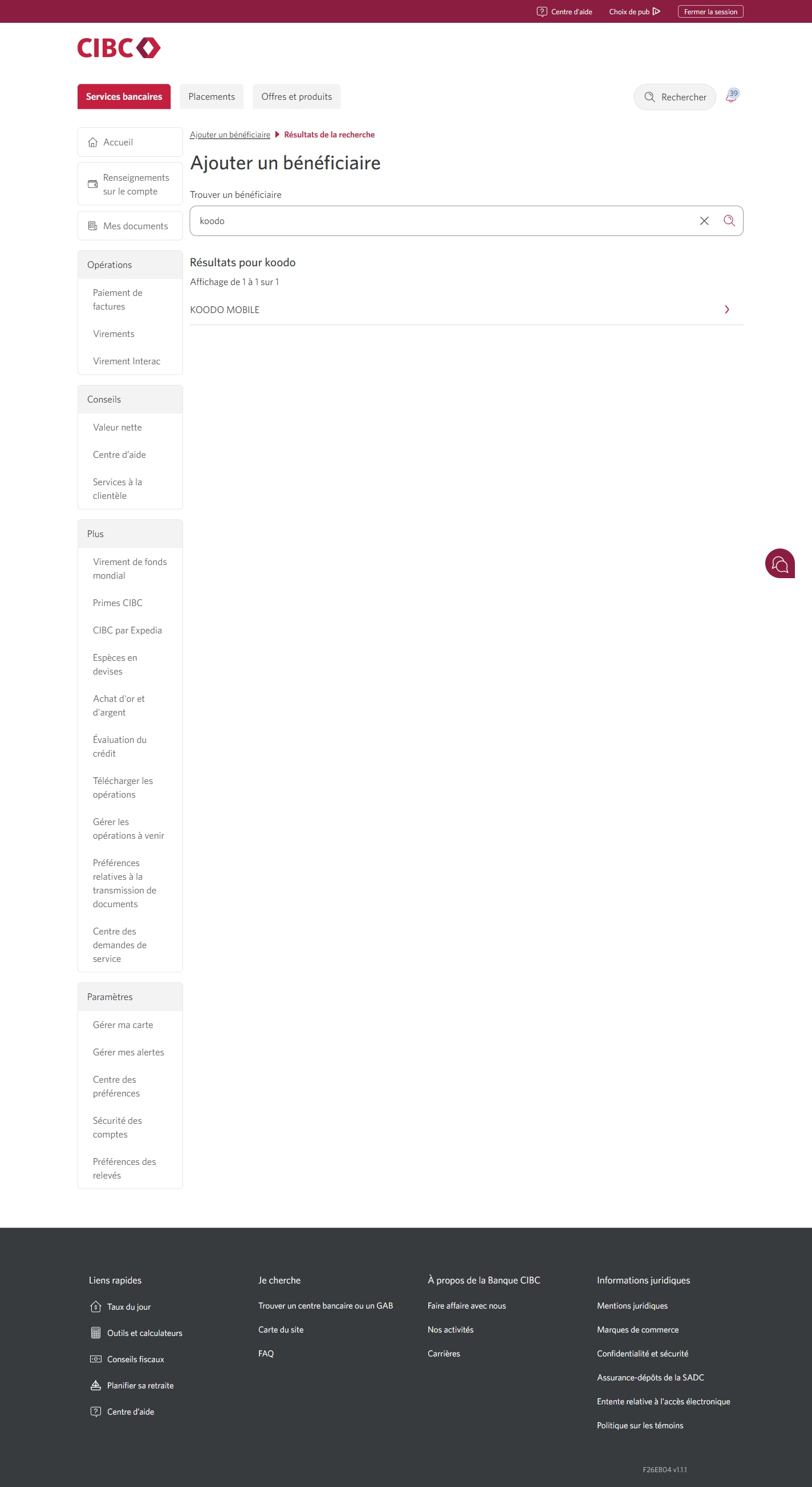 Écran 6 de la démonstration : Ajout ou modification de bénéficiaires dans Services bancaires CIBC en direct. Une animation en pulsation met en évidence le bouton à chevrons du lien mobile vers Koodo.