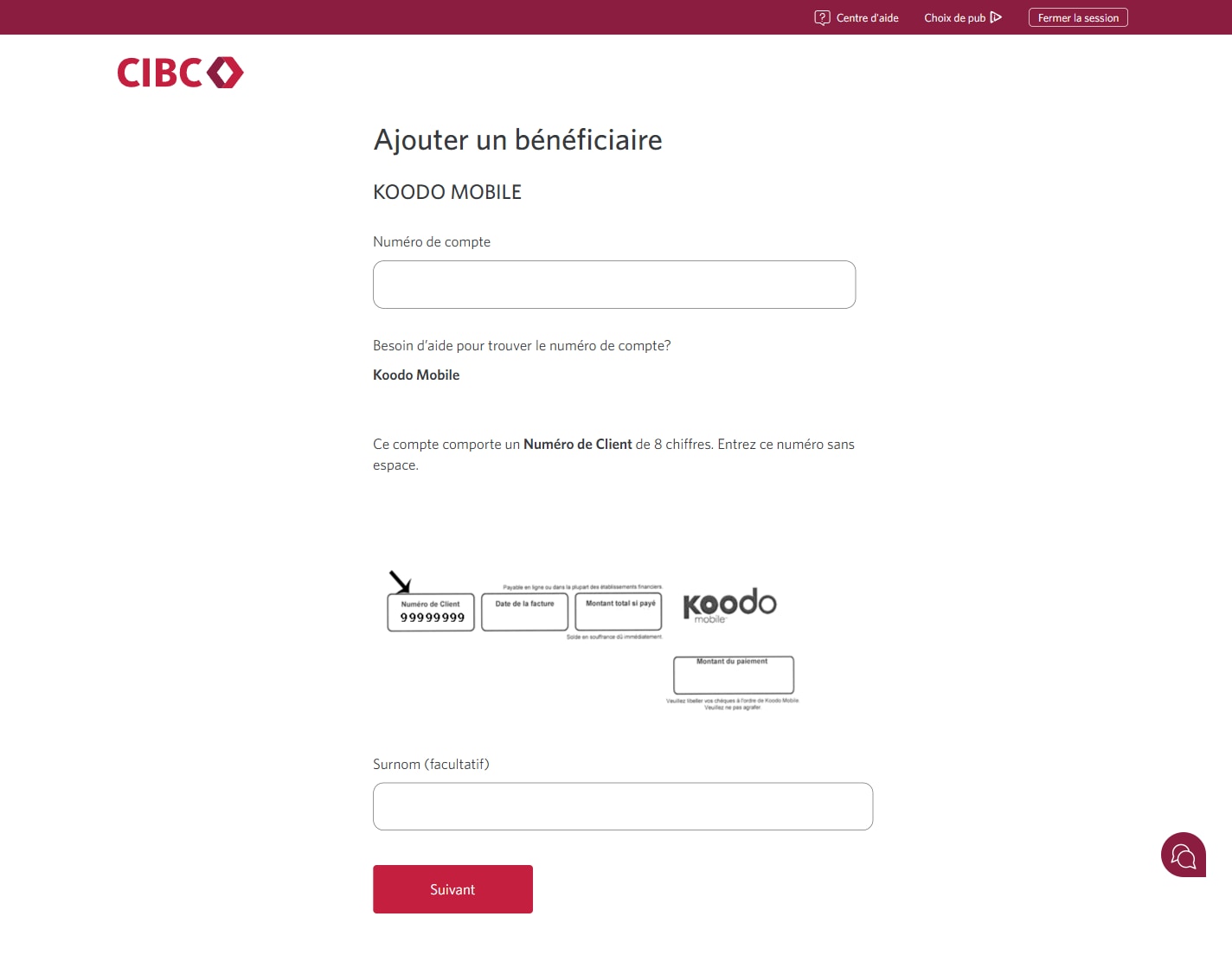 Écran 7 de la démonstration : Ajout ou modification de bénéficiaires dans Services bancaires CIBC en direct. Une animation en pulsation met en évidence le bouton suivant.