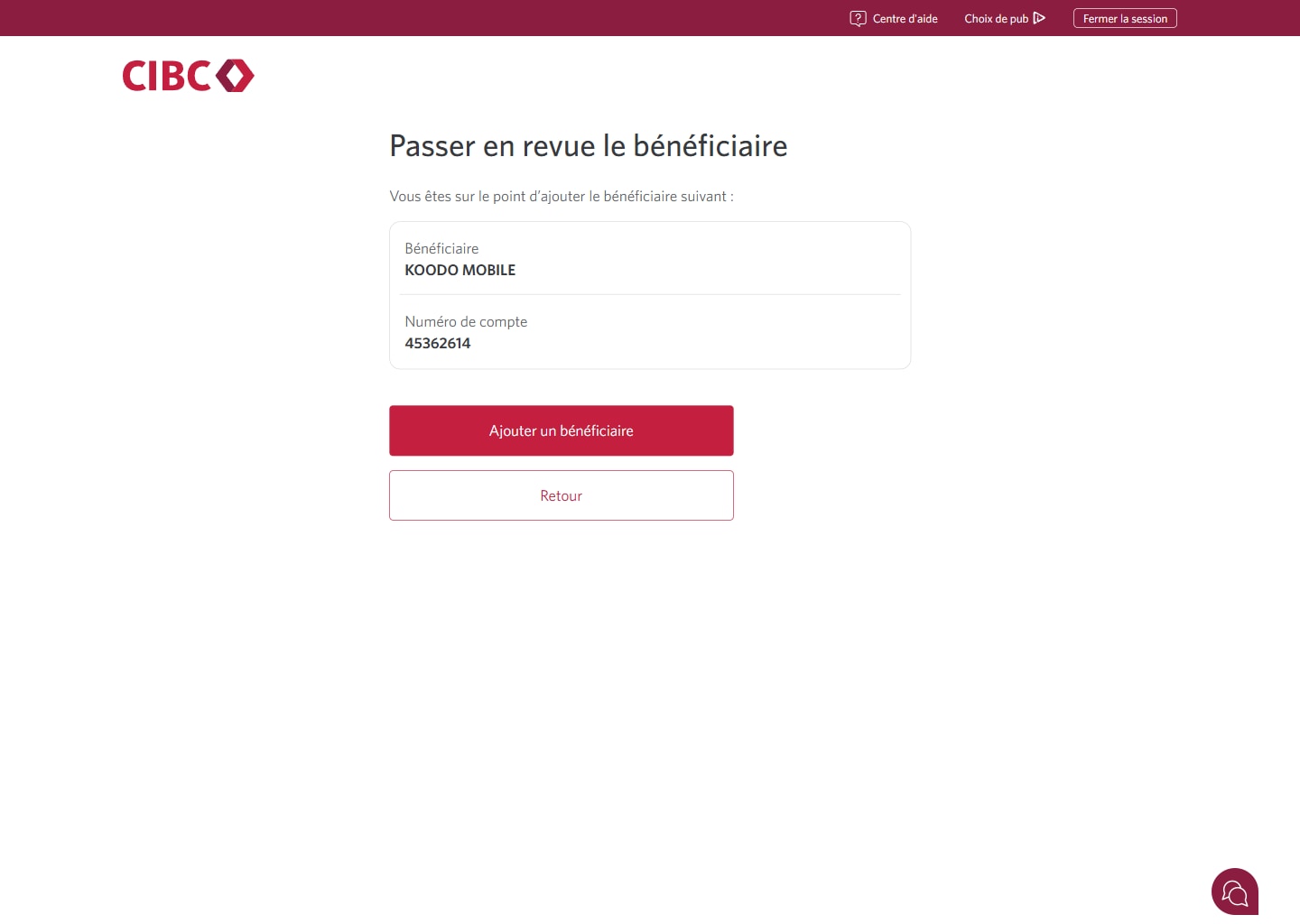 Écran 8 de la démonstration : Services bancaires CIBC en direct examine le bénéficiaire. Une animation en pulsation met en évidence le bouton Ajouter un bénéficiaire.