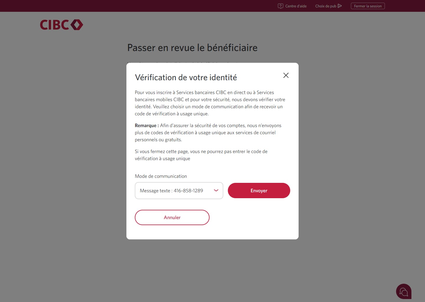 Écran 9 de la démonstration : Vérifiez votre identité dans Services bancaires CIBC en direct. Une animation en pulsation met en évidence le bouton Envoyer.
