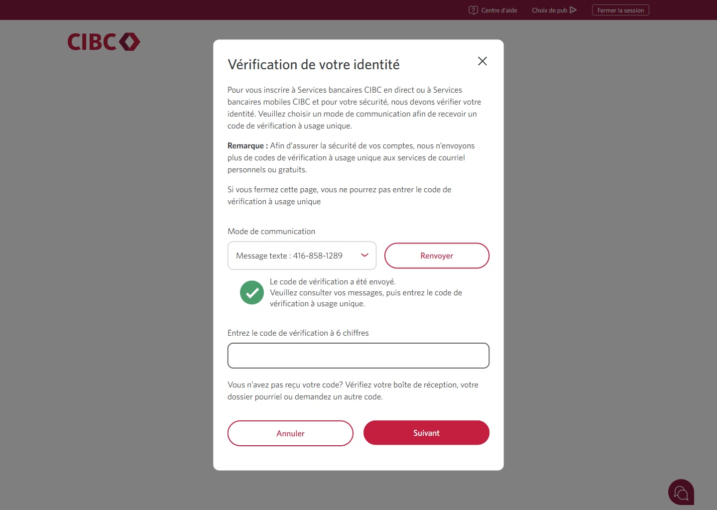 Écran 10 de la démonstration : Vérifiez votre identité dans Services bancaires CIBC en direct. Une animation en pulsation met en évidence le bouton Suivant.