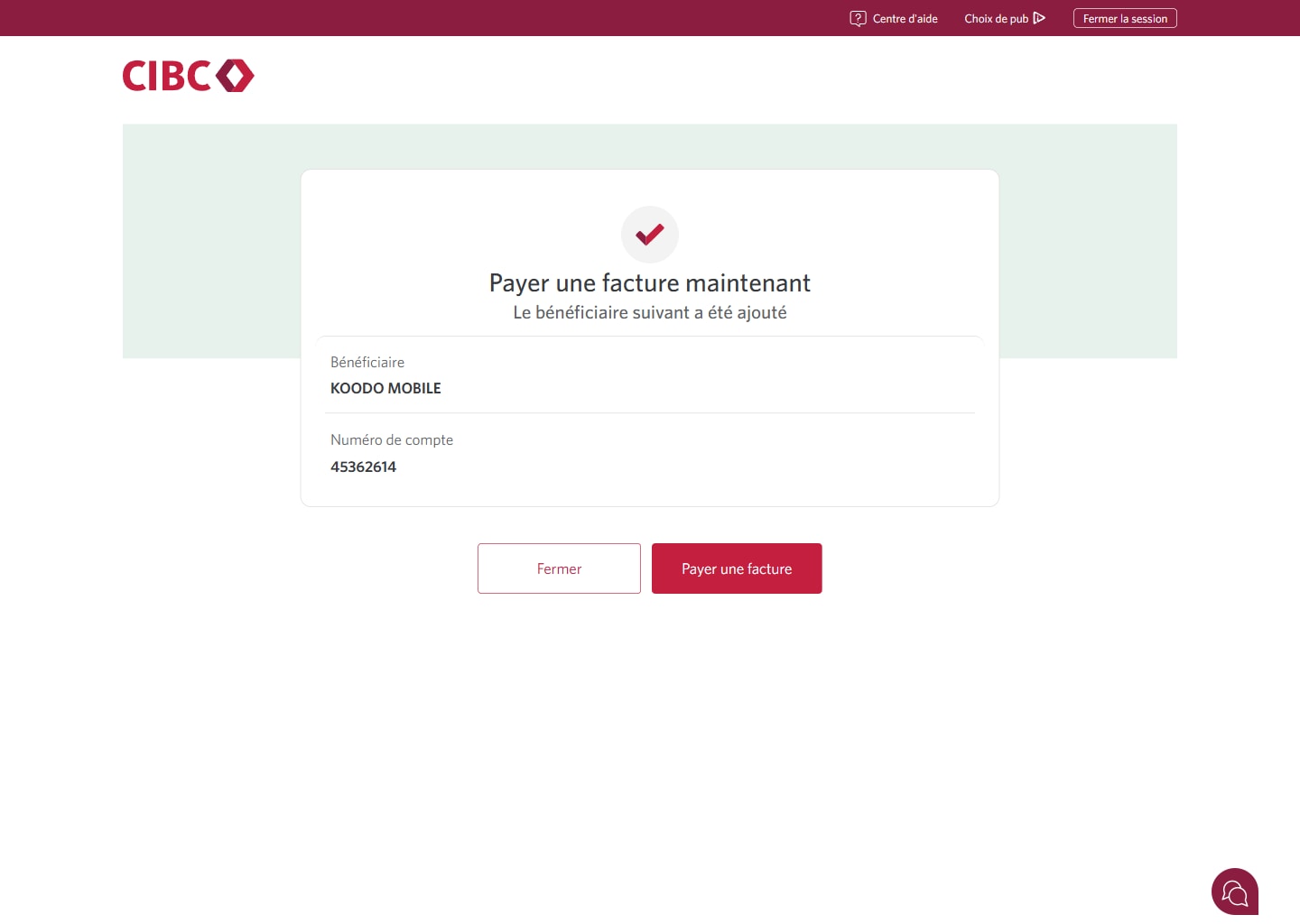 Écran 11 de la démonstration : Services bancaires CIBC en direct Payez une facture dès maintenant. Une animation en pulsation met en évidence le bouton Payer une facture.