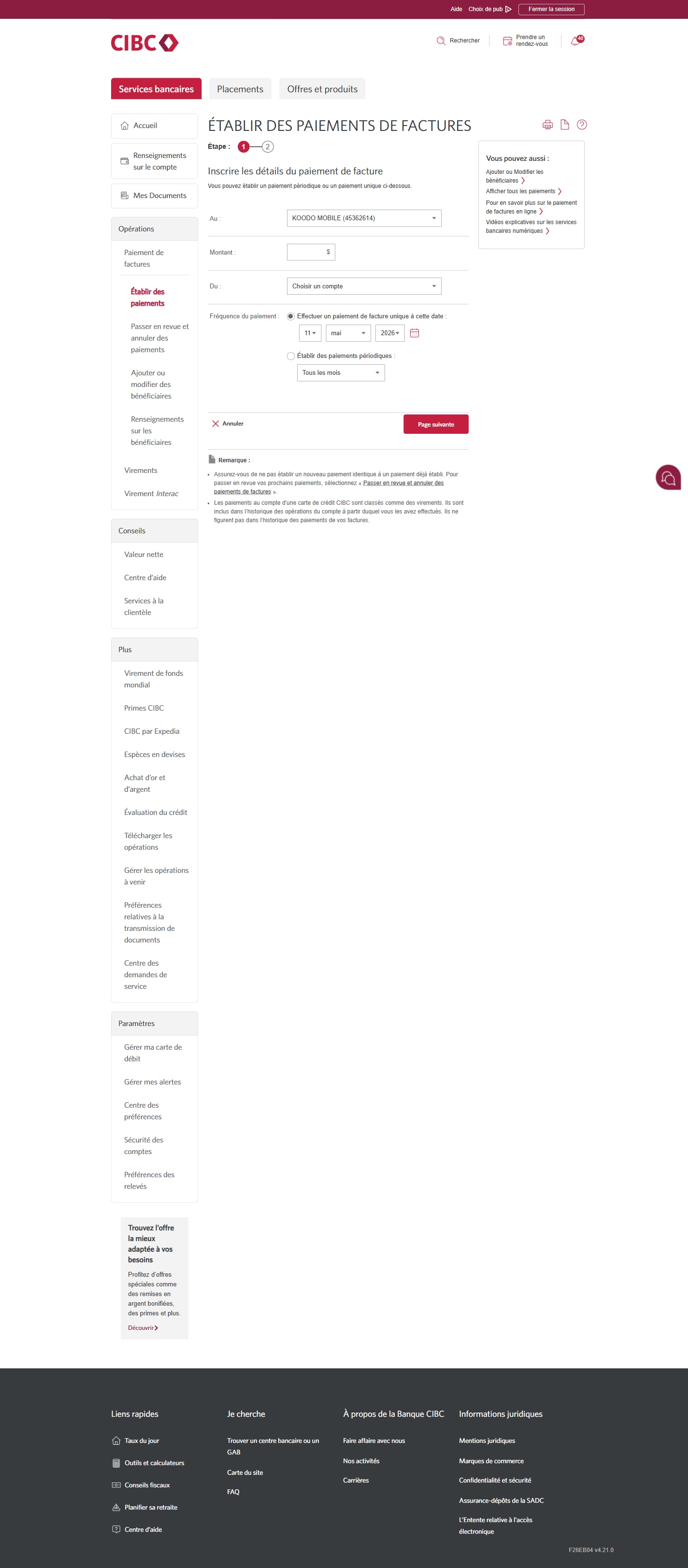 Écran 12 de la démonstration : Page d’établissement des paiements de factures de Services bancaires CIBC en direct. Une animation en pulsation met en évidence le champ du montant.