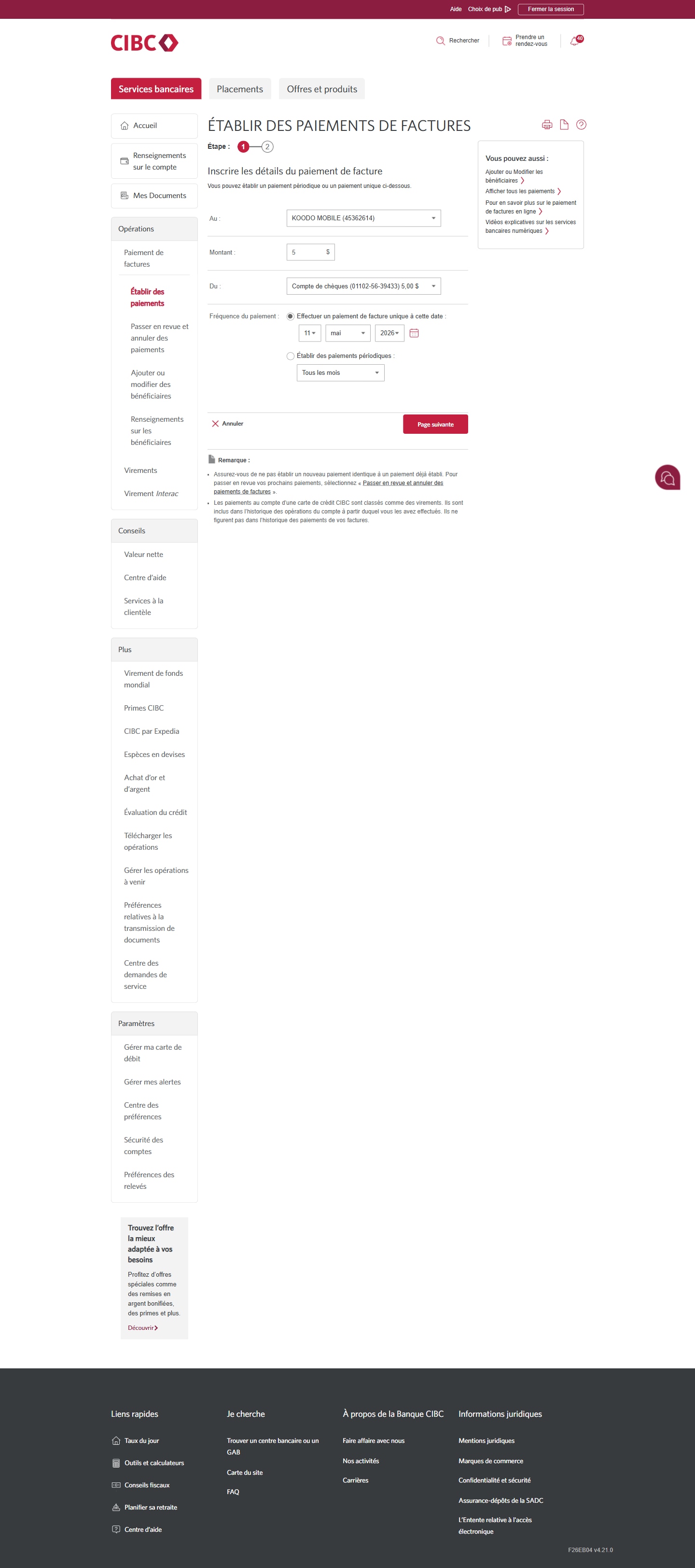 Écran 14 de la démonstration : Page Paiements de factures de Services bancaires CIBC en direct. Une animation en pulsation met en évidence le bouton Suivant.